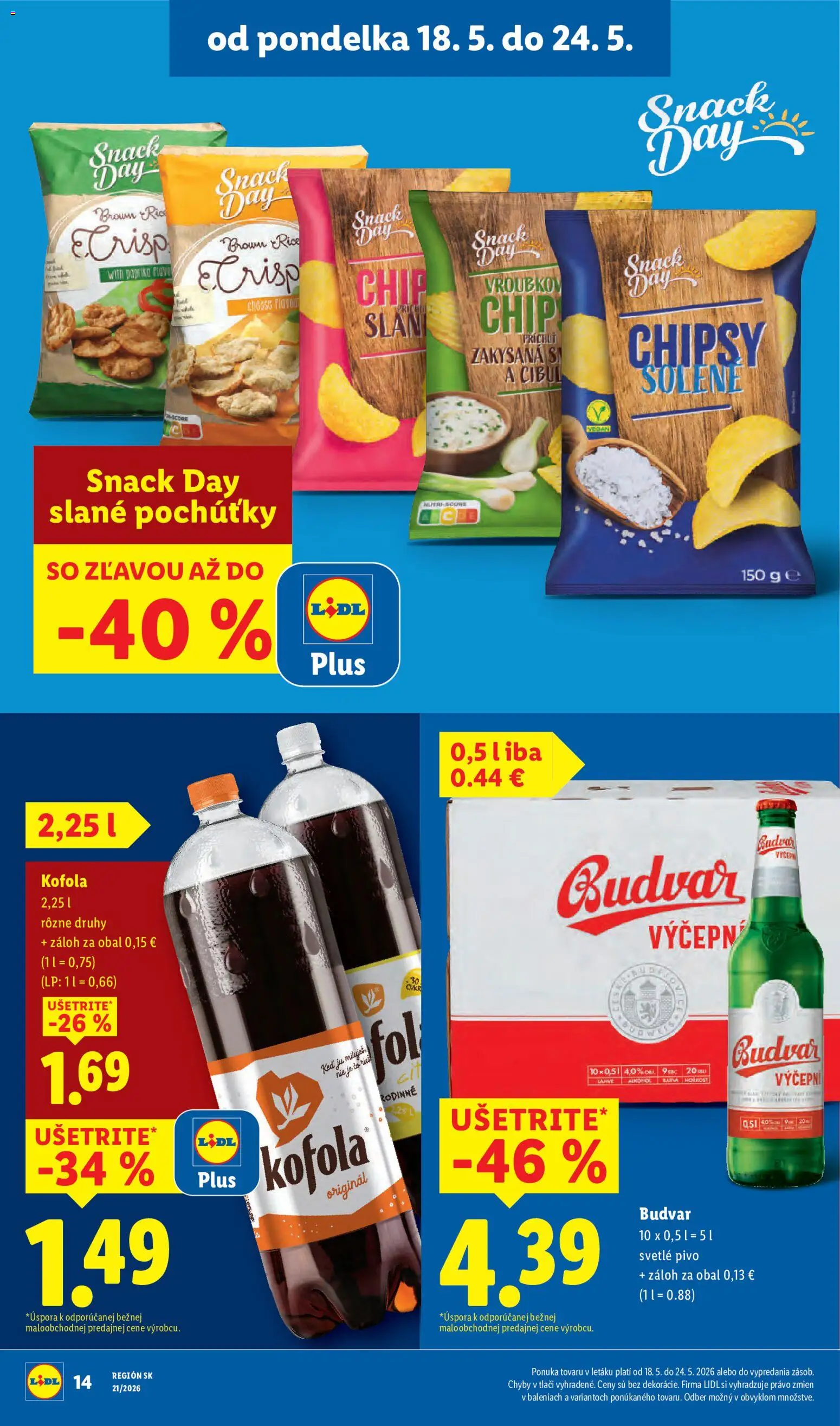 Nové Lidl akcie – leták je platný od 18.05.2026 | Strana: 18 | Produkty: Paprika, Budvar, Chipsy, Alkohol