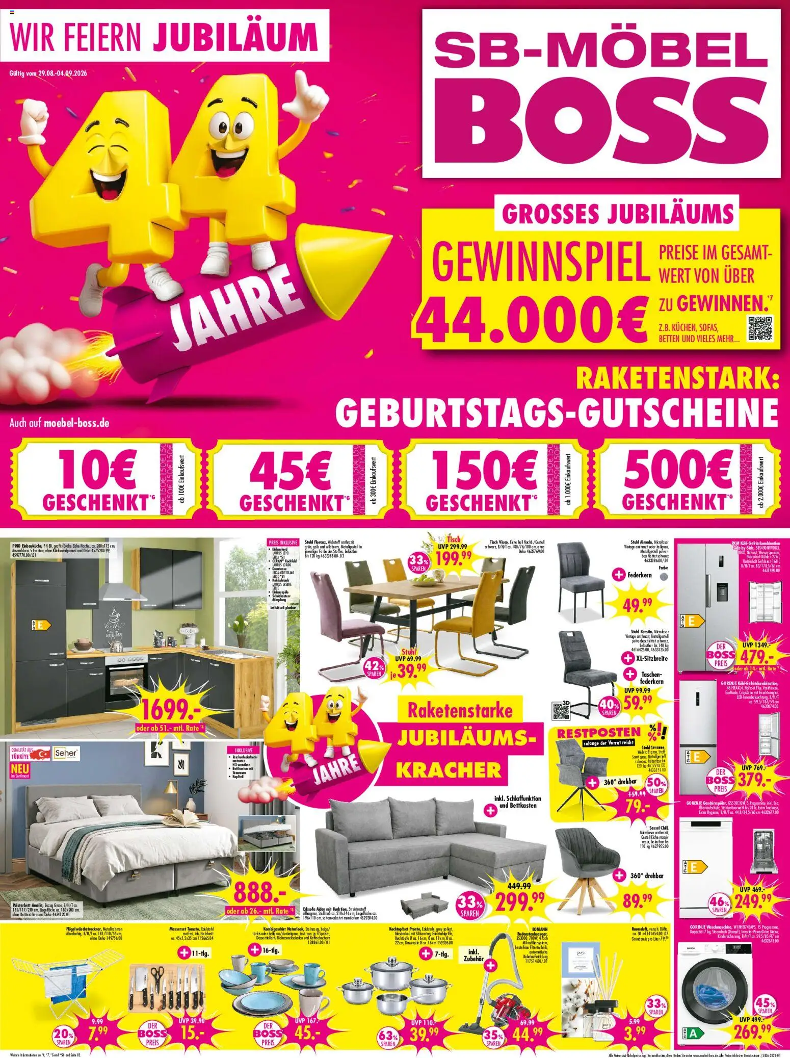 SB Möbel Boss Prospekt – gültig ab 29.08.2026 | Seite: 1 | Produkte: Gorenje, Matratze, Tisch, Stuhl
