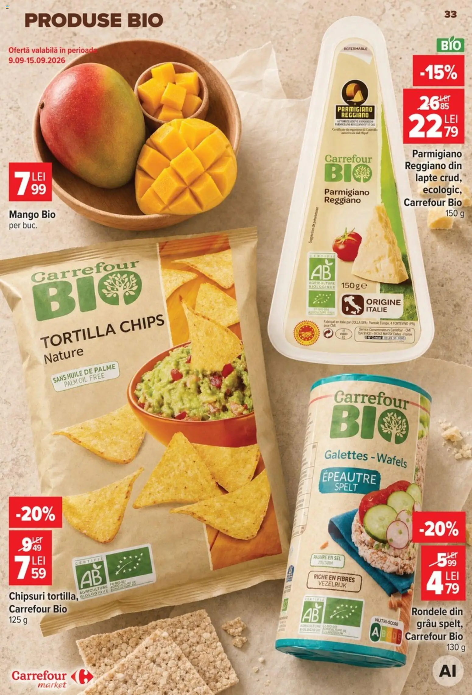 Noul catalog Carrefour – valabil de la 09.09.2026 | Pagină: 33 | Produse: Bio, Lapte, Chipsuri, Mango