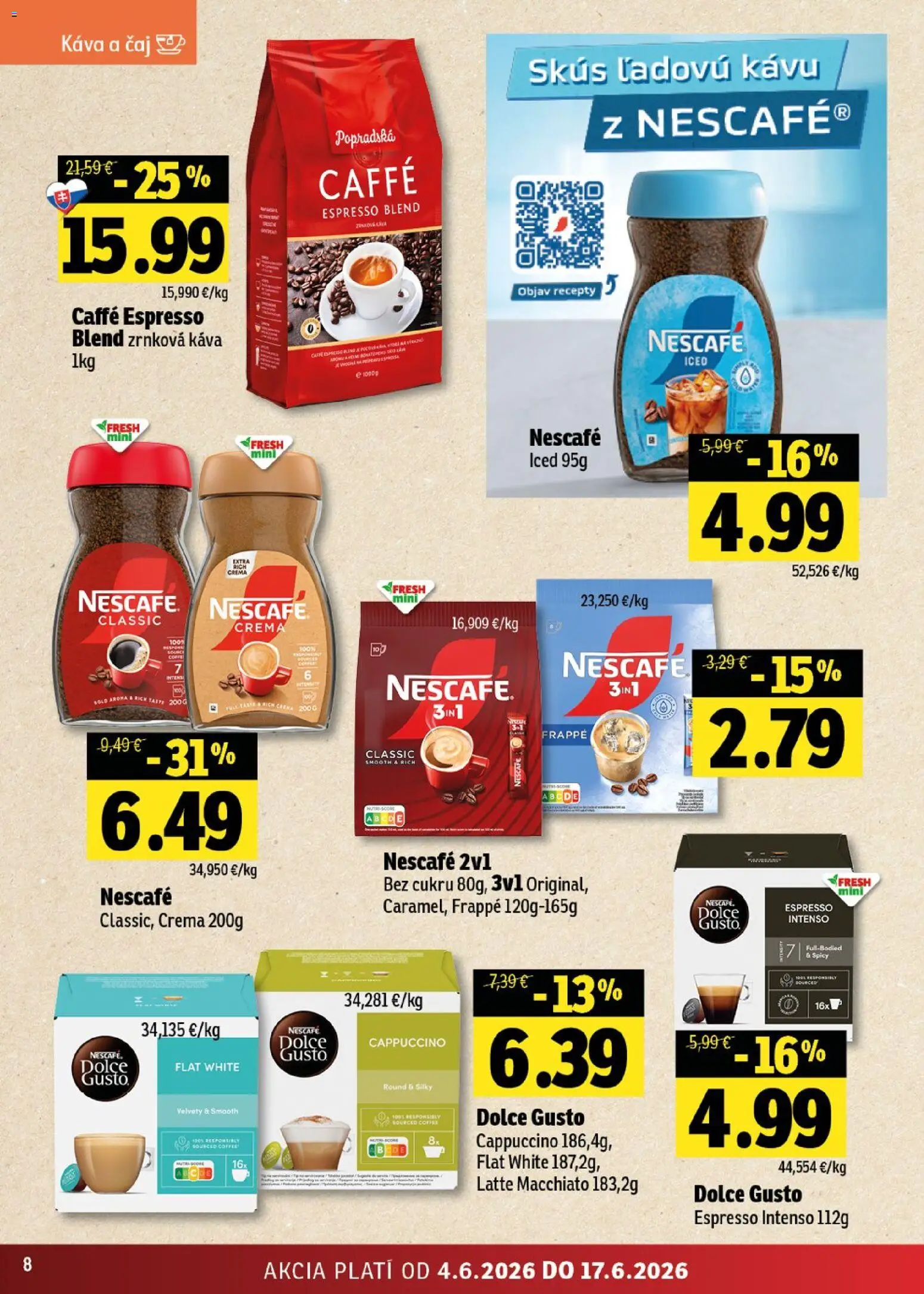 Nové Fresh akcie – leták je platný od 04.06.2026 | Strana: 8 | Produkty: Dolce Gusto, Káva, Čaj