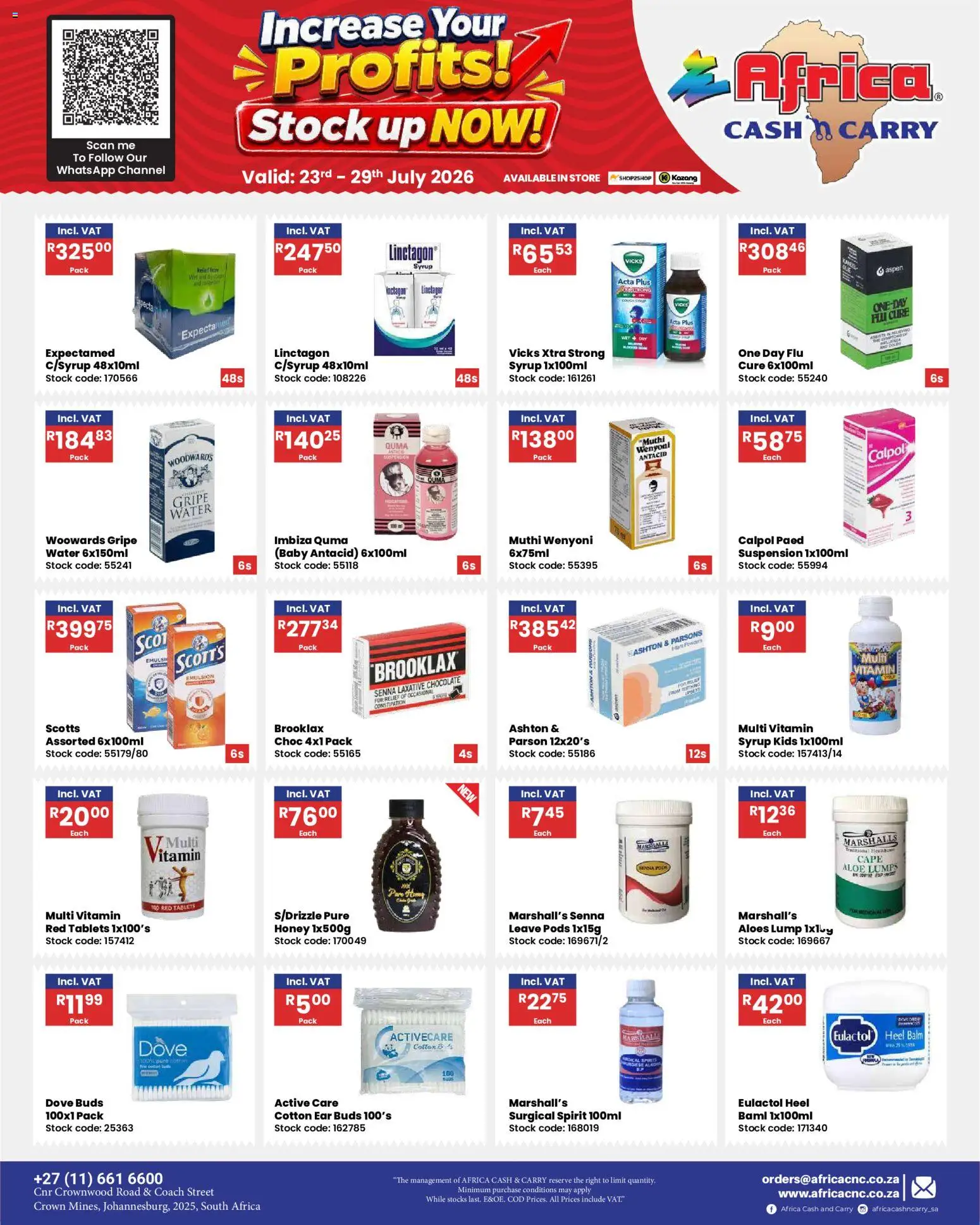 New Africa Cash & Carry catalogue – valid from 23/07/2026 | Page: 11 | Products: Heel balm, Stock, Syrup, Water