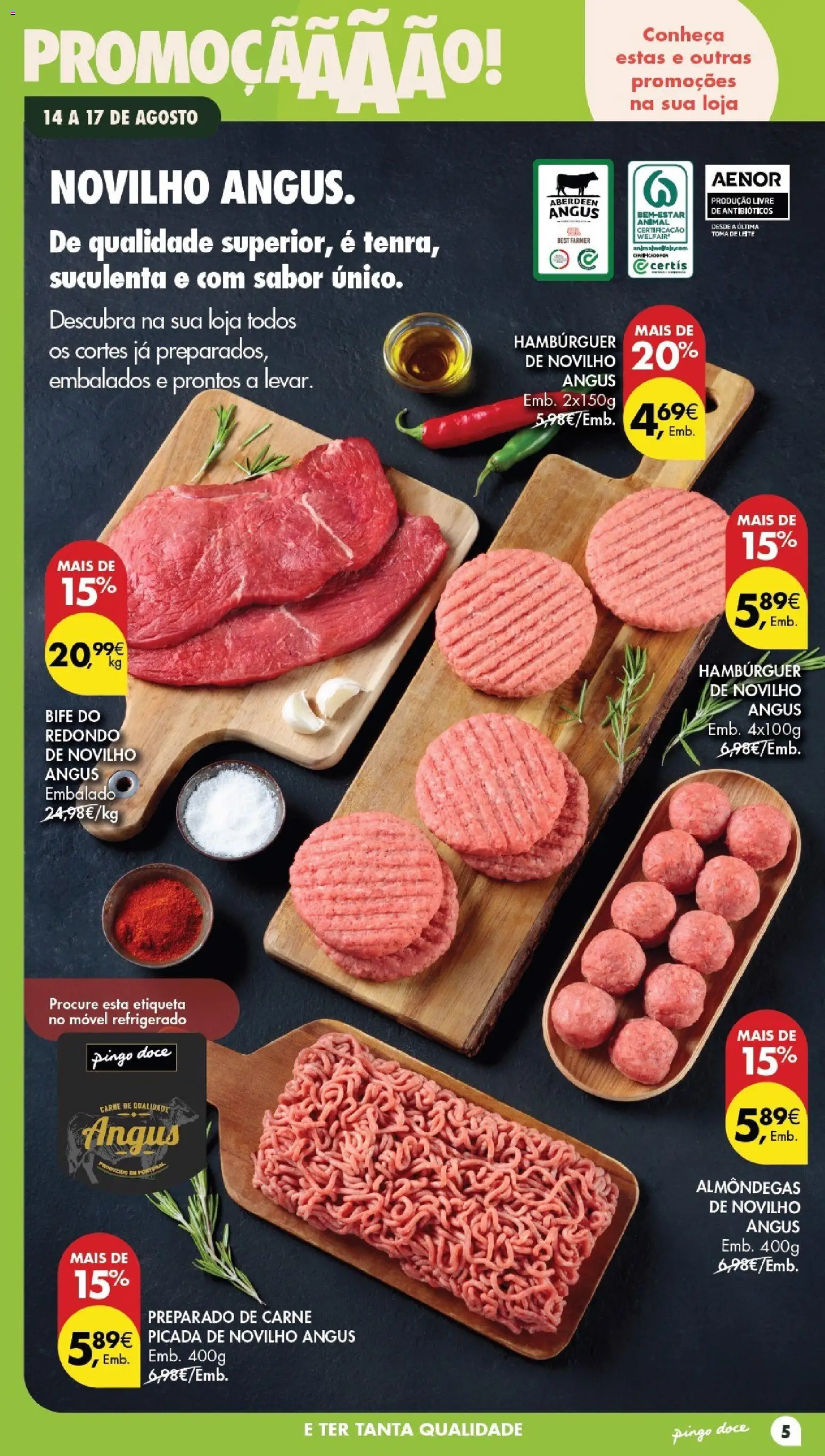 Pingo Doce Poupe este Fim de Semana │ válido de 14/08/2026 | Página: 5 | Produtos: Hambúrguer, Leite, Carne, Bife