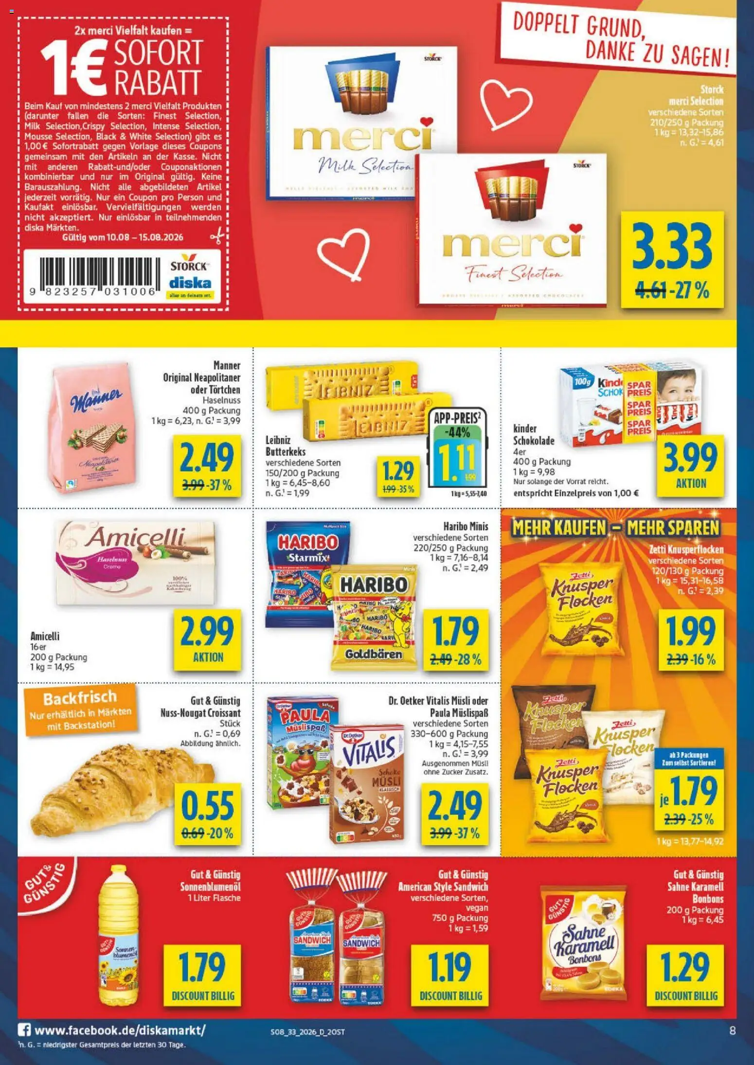 Diska - Diska Angebote Sachsen-Thüringen KW33 – gültig ab 10.08.2026 | Seite: 8 | Produkte: Merci, Haribo, Sonnenblumenol, Croissant
