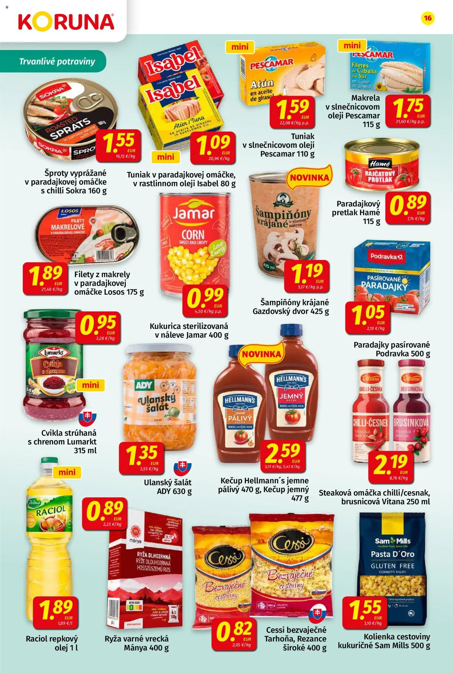 Nové Koruna akcie – leták je platný od 08.05.2026 | Strana: 16 | Produkty: Cestoviny, Rezance, Kečup, Omáčka