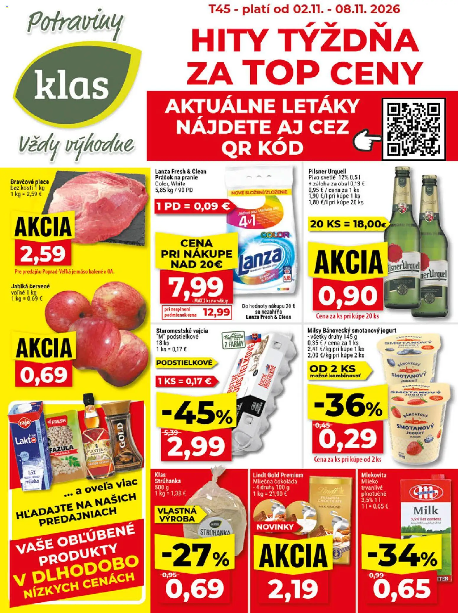 Nové Klas akcie – leták je platný od 02.11.2026 | Strana: 1 | Produkty: Mlieko, Jogurt, Jablká, Lindt