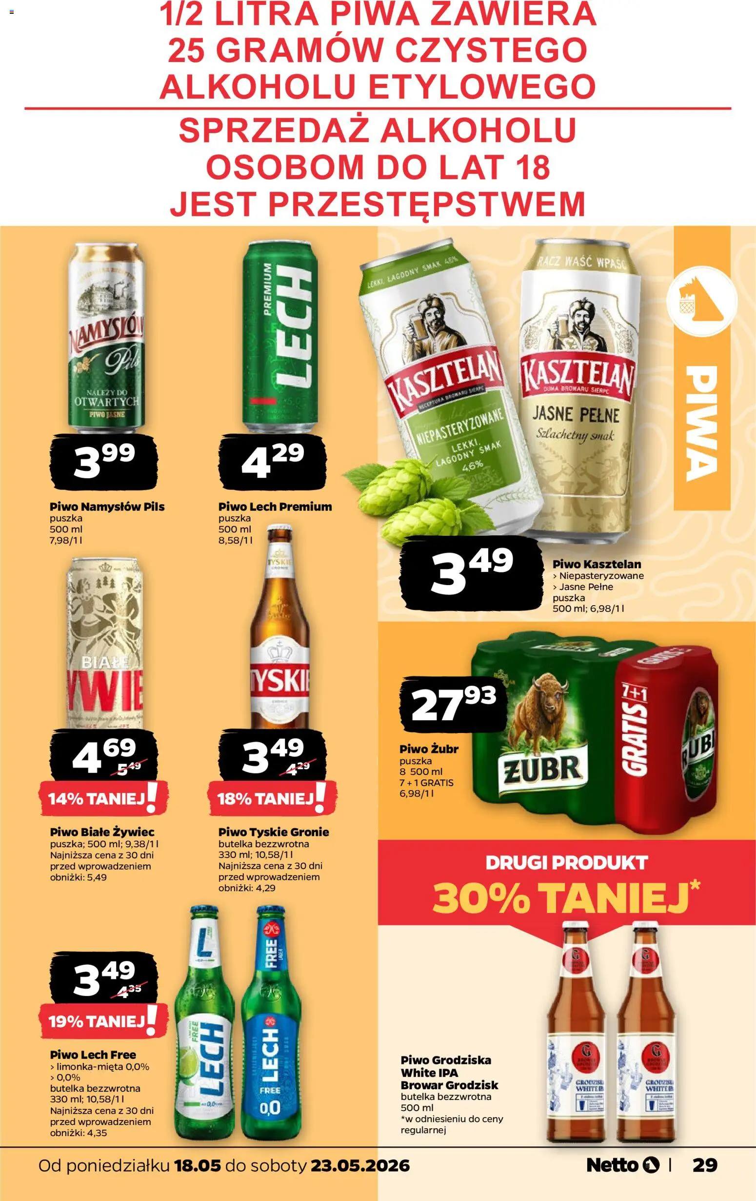 Netto gazetka od poniedziałku spożywcza od 18.05.2026 | Strona: 29 | Produkty: Piwo żubr, Tyskie, Piwo, Piwo Namysłów