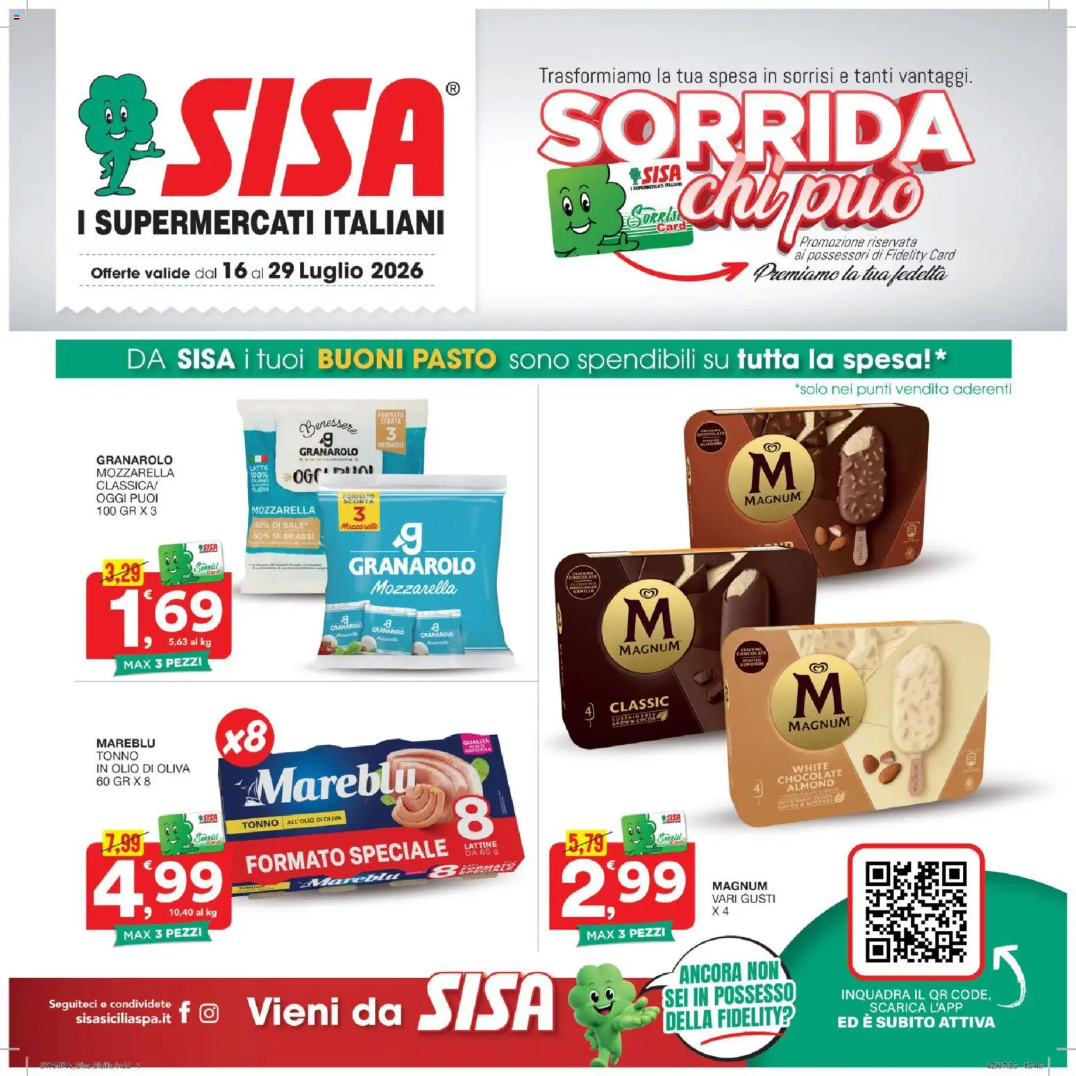 Volantino SISA del 16/07/2026 | Pagina: 1 | Prodotti: Mozzarella, Latte, Olio, Olio di Oliva