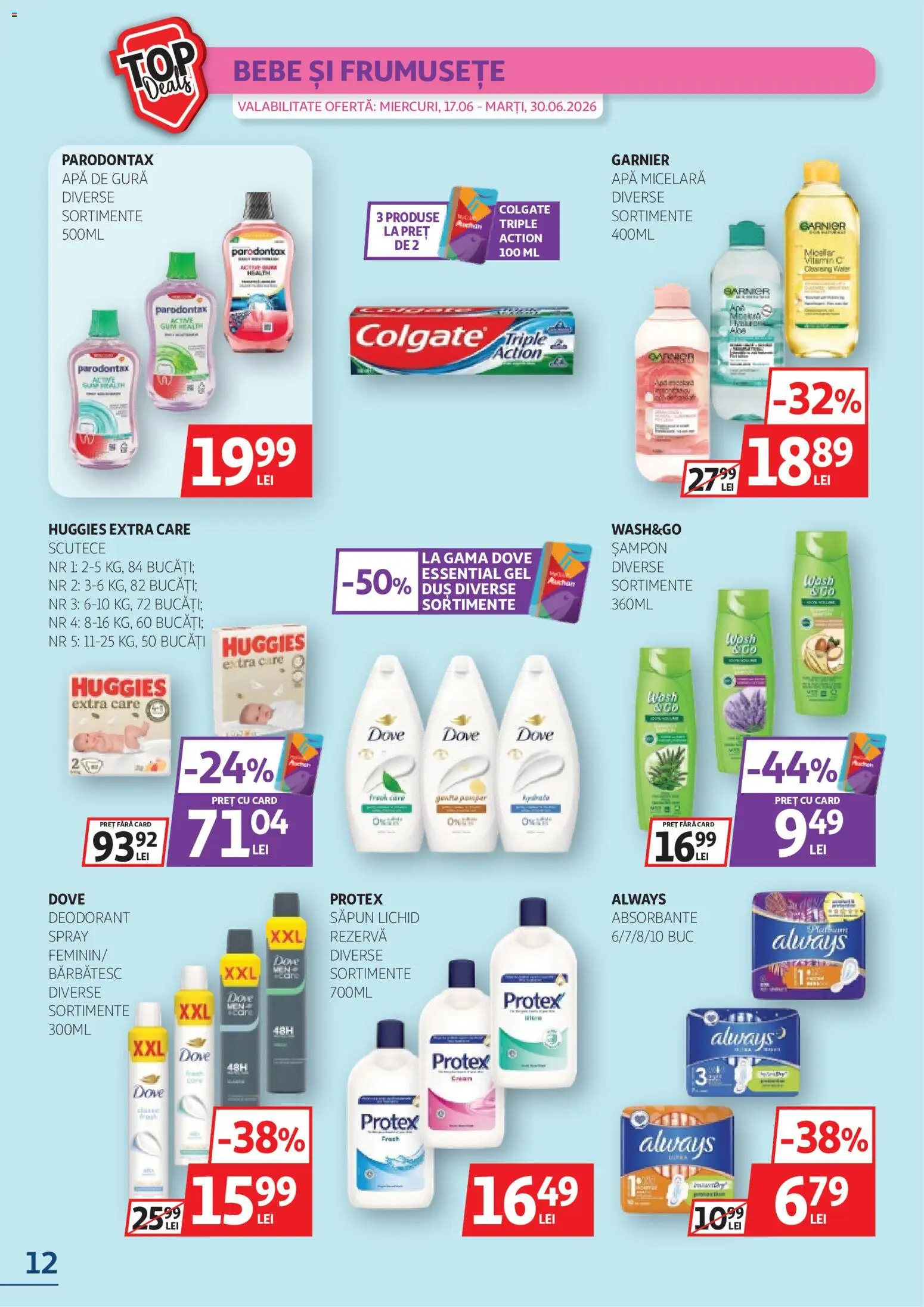 Noul catalog Auchan – valabil de la 17.06.2026 | Pagină: 12 | Produse: Șampon, Deodorant, Apă de gură, Apă