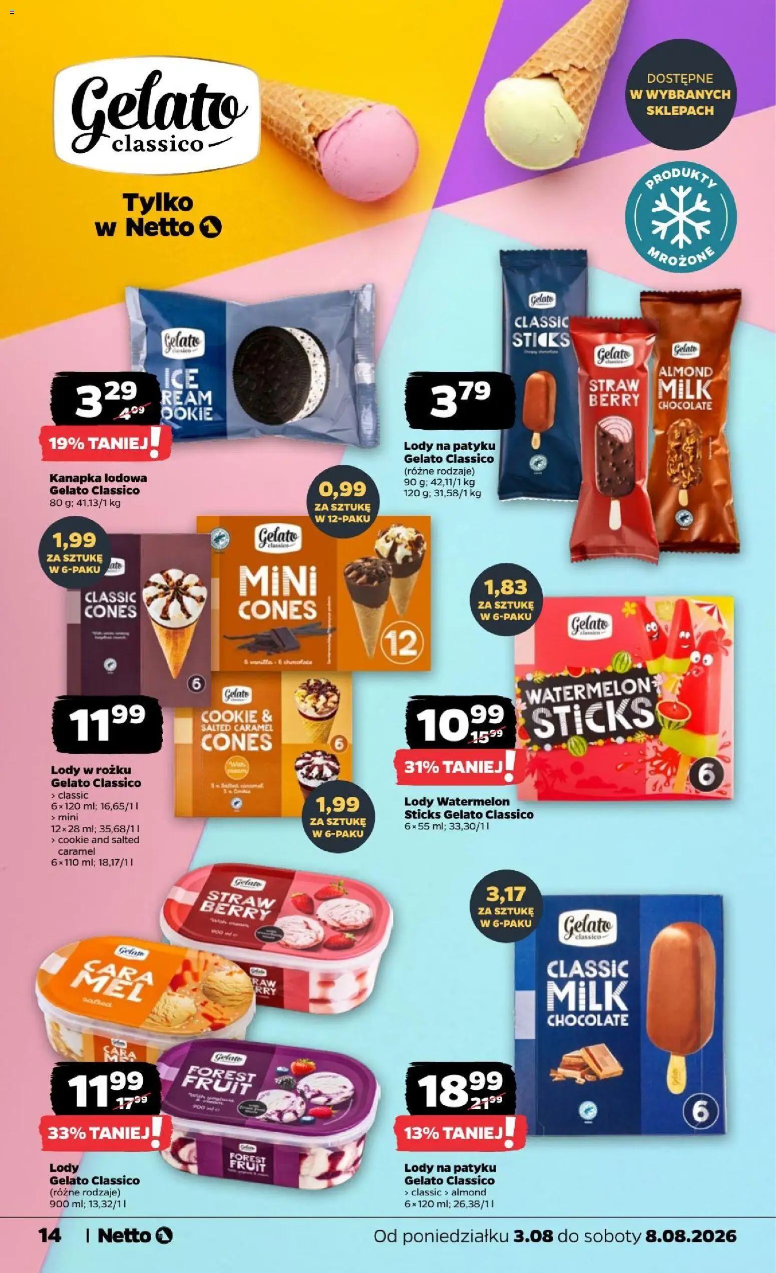 Netto gazetka od poniedziałku od 03.08.2026 | Strona: 14 | Produkty: Lody na patyku, Czekolada, Lody