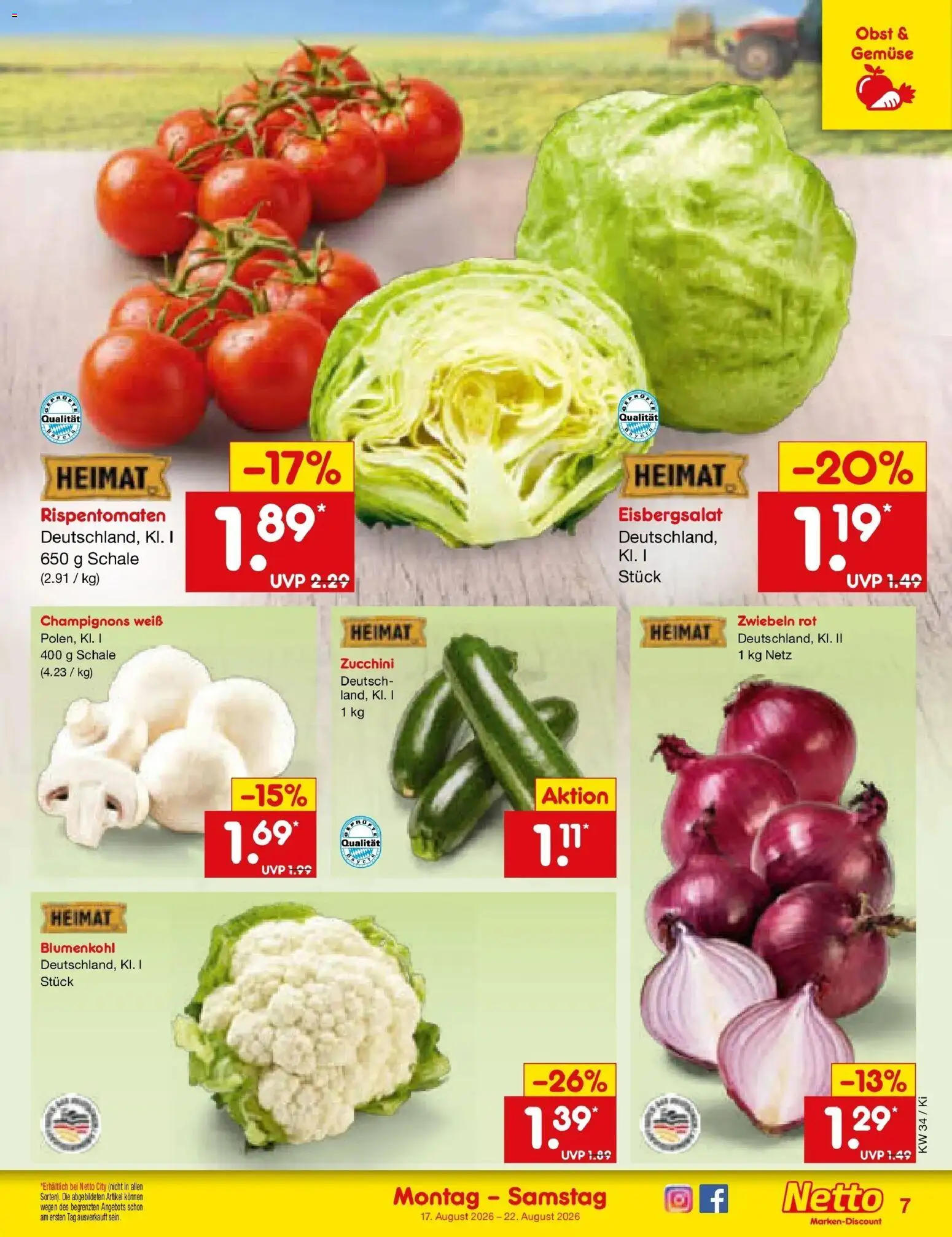 Netto Marken-Discount Prospekt Oberhaid – gültig ab 17.08.2026 | Seite: 9 | Produkte: Eisbergsalat, Champignons, Gemüse, Obst