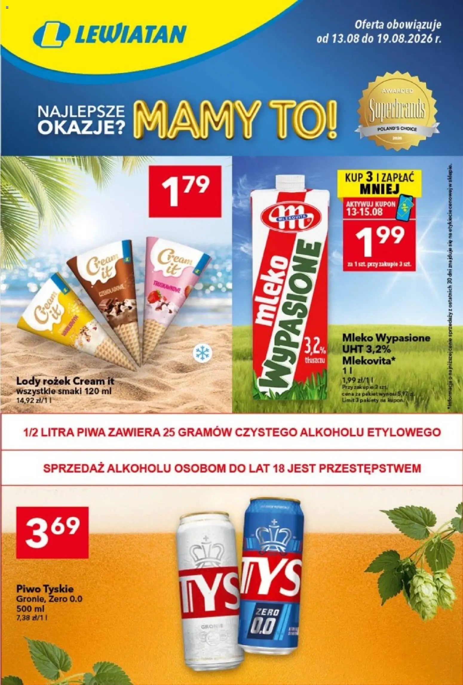 Lewiatan gazetka od 13.08.2026 | Strona: 1 | Produkty: Mleko wypasione, Piwo tyskie, Tyskie, Mleko