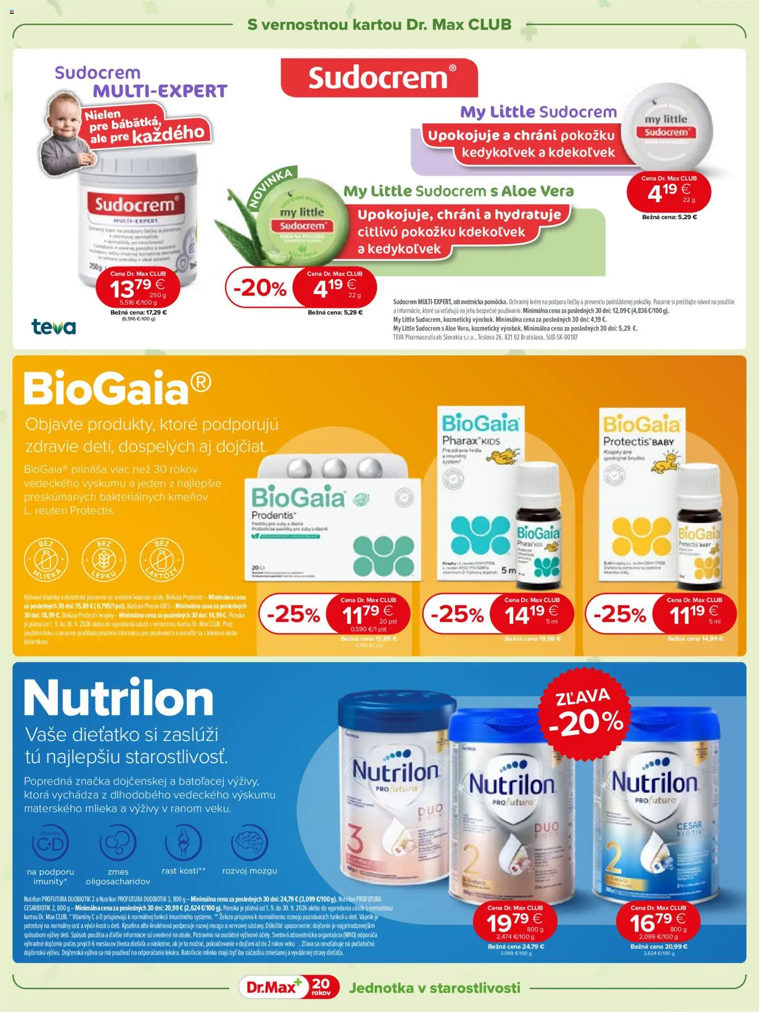 Nové Dr. Max akcie – leták je platný od 01.09.2026 | Strana: 14 | Produkty: Aloe Vera, Nutrilon, Sudocrem, Krém