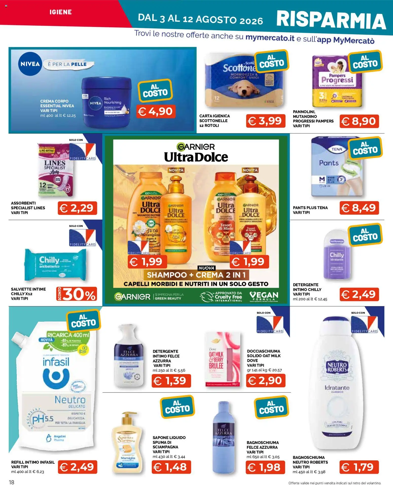 Volantino Mercatò del 03/08/2026 | Pagina: 18 | Prodotti: Shampoo, Crema, Carta igienica, Detergente