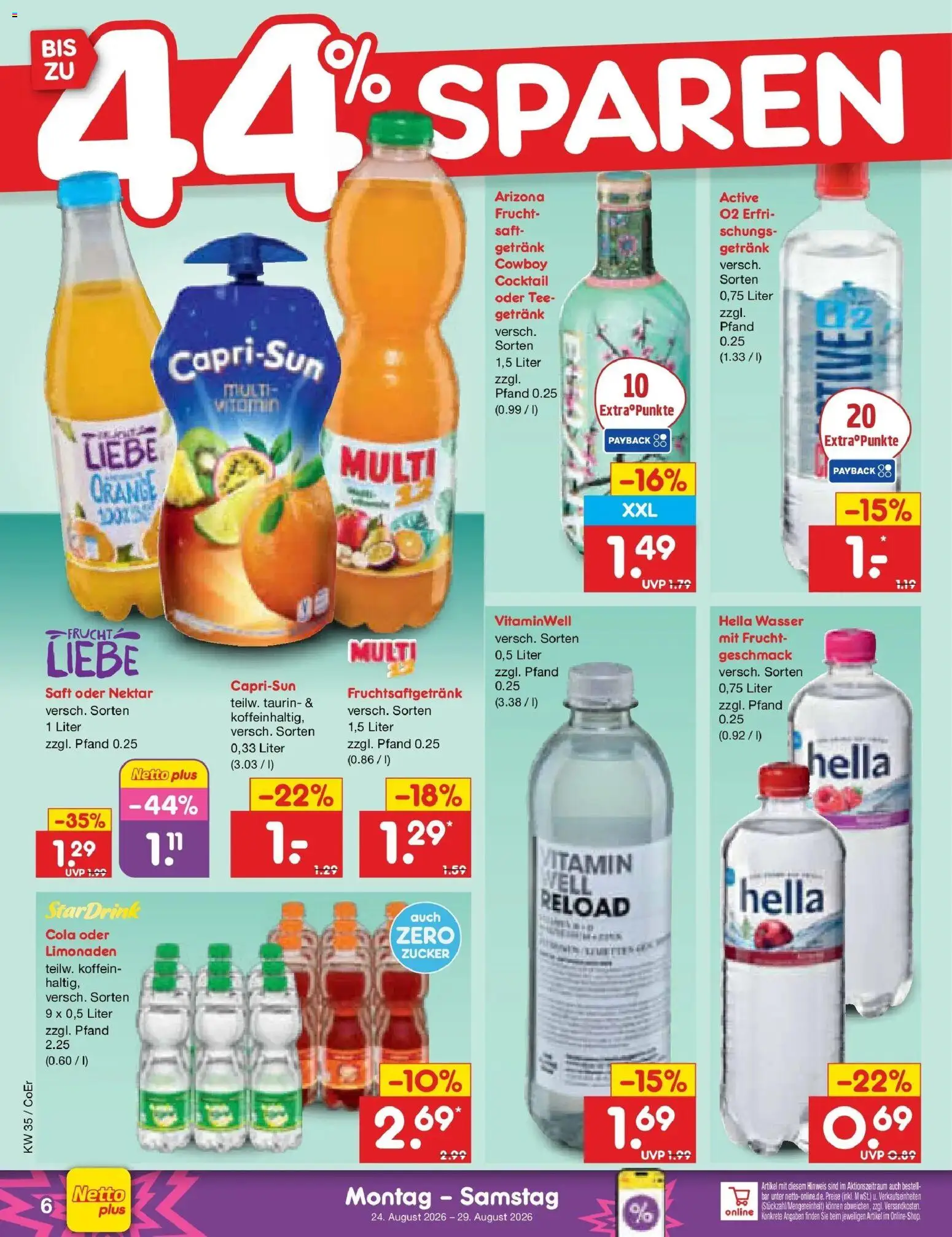 Netto Marken-Discount Prospekt Leipzig (ab 24.08.2026) » Angebote | Seite: 6 | Produkte: Wasser, Zucker, Hella, Tee