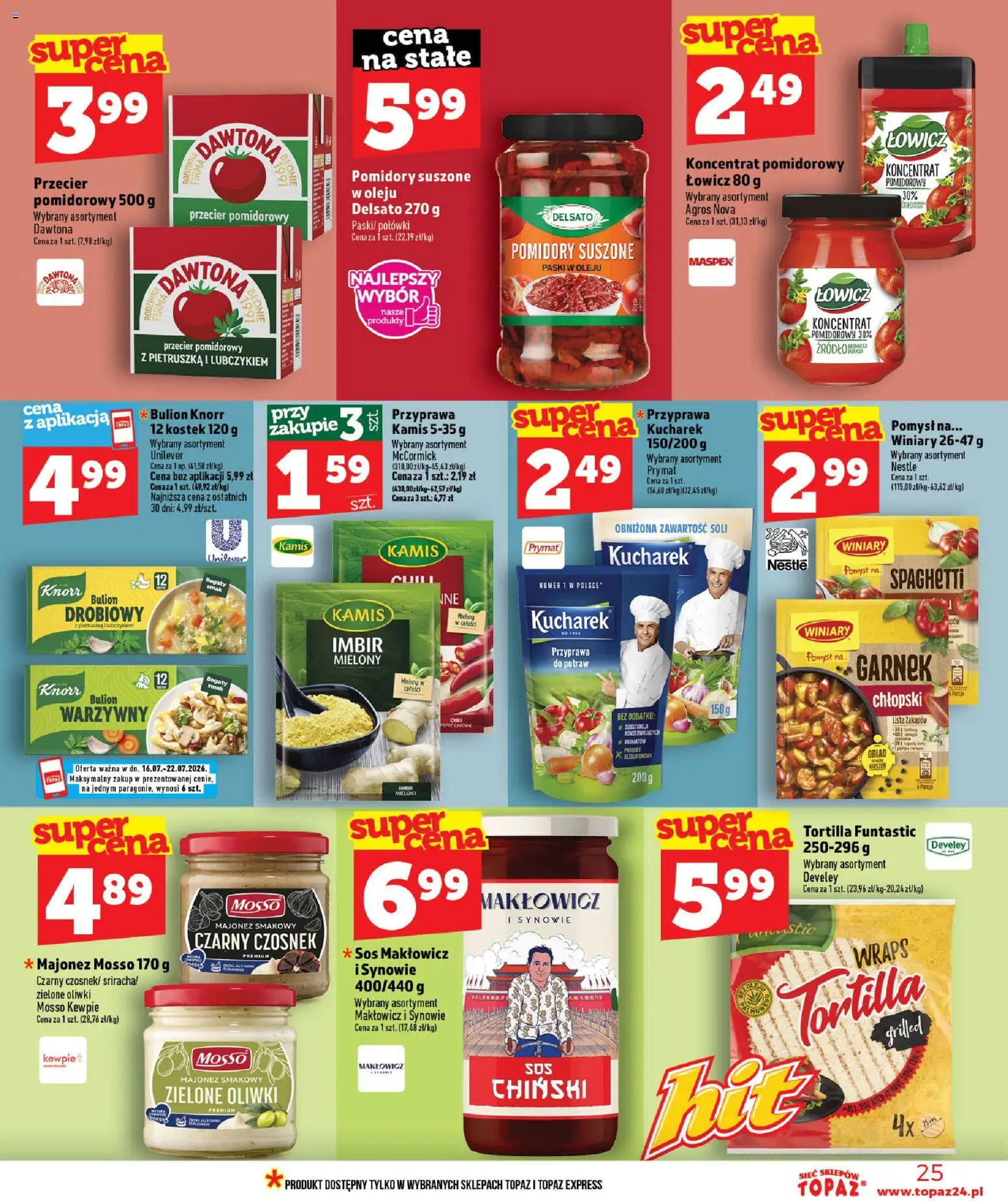Topaz gazetka od 16.07.2026 | Strona: 25 | Produkty: Spaghetti, Przecier pomidorowy, Bulion, Majonez