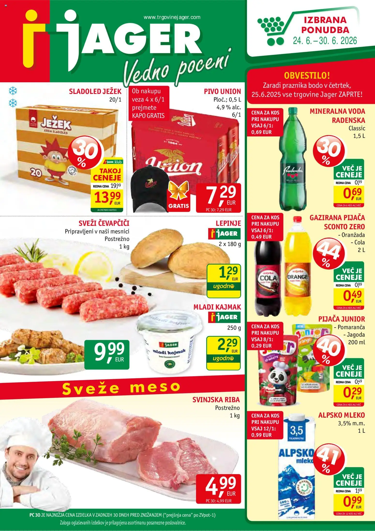 Novi Jager katalog ponudbe – veljaven od 24.06.2026 | Stran: 1 | Izdelki: Mineralna voda, Pivo, Sladoled, Voda