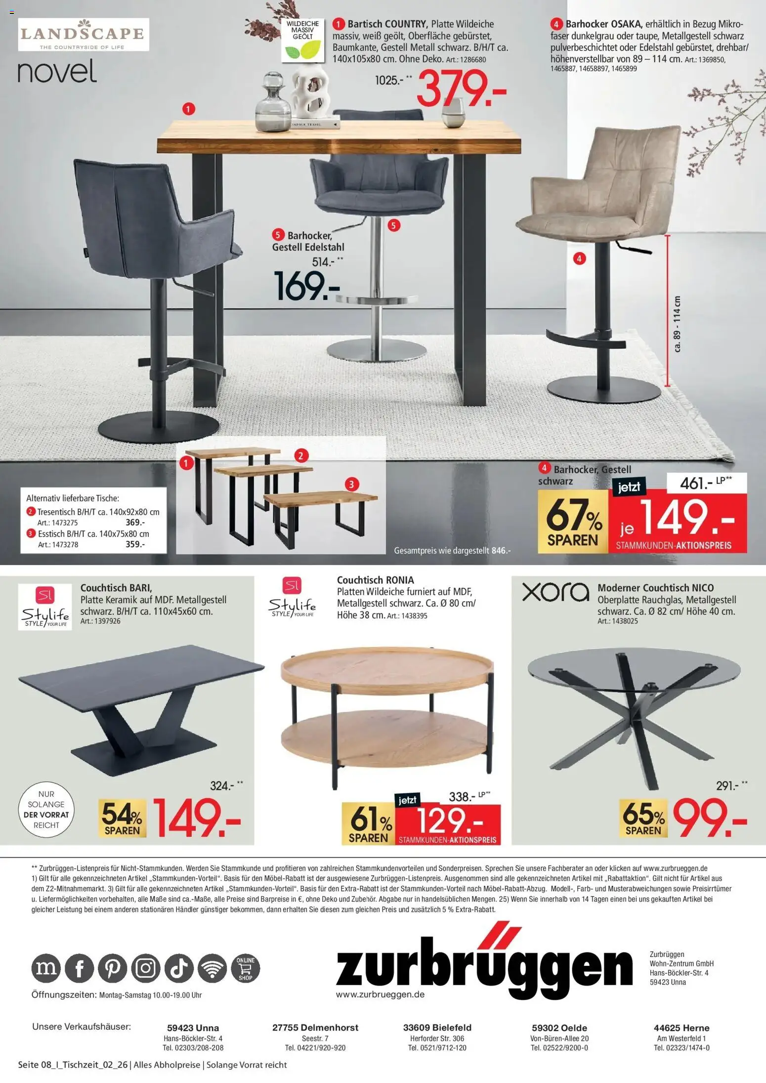 Zurbrüggen Tischzeit – gültig ab 12.06.2026 | Seite: 8 | Produkte: Esstisch, Bartisch, Couchtisch, Uhr