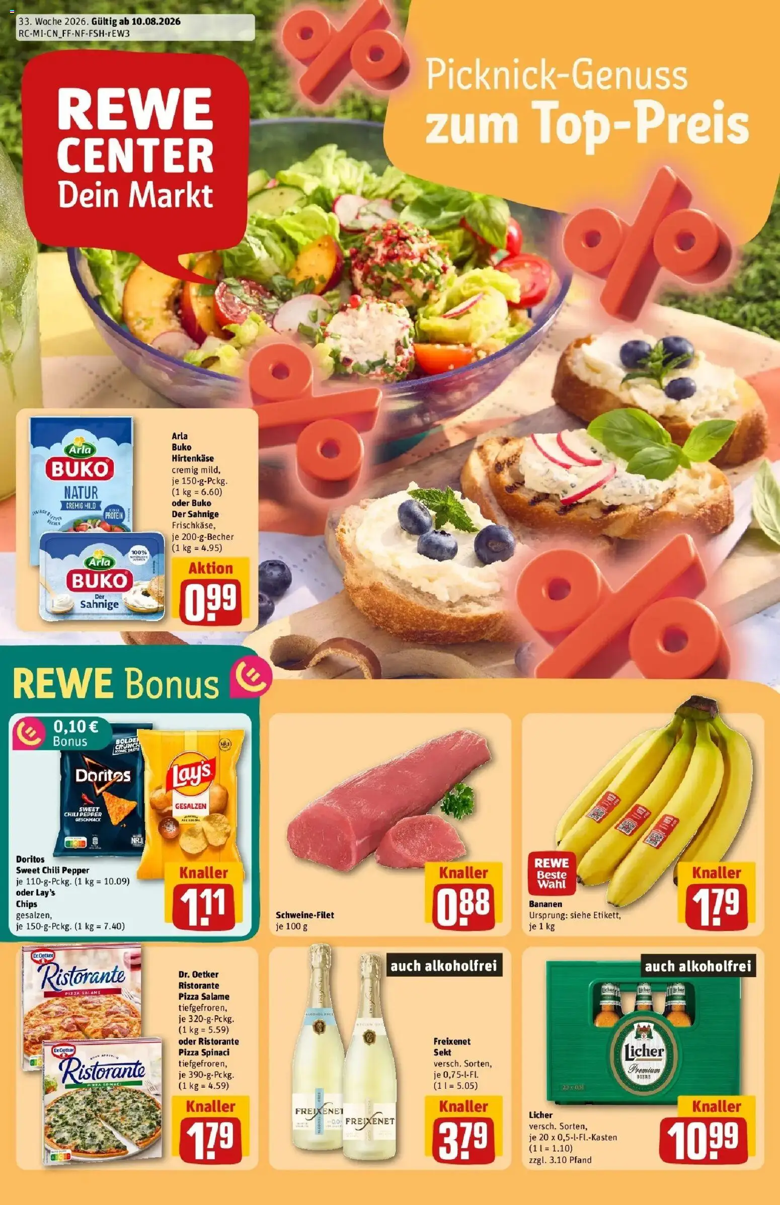 REWE Prospekt ab 10.08.2026 zum Blättern » Angebote | Seite: 1 | Produkte: Bananen, Arla buko, Chili, Pizza