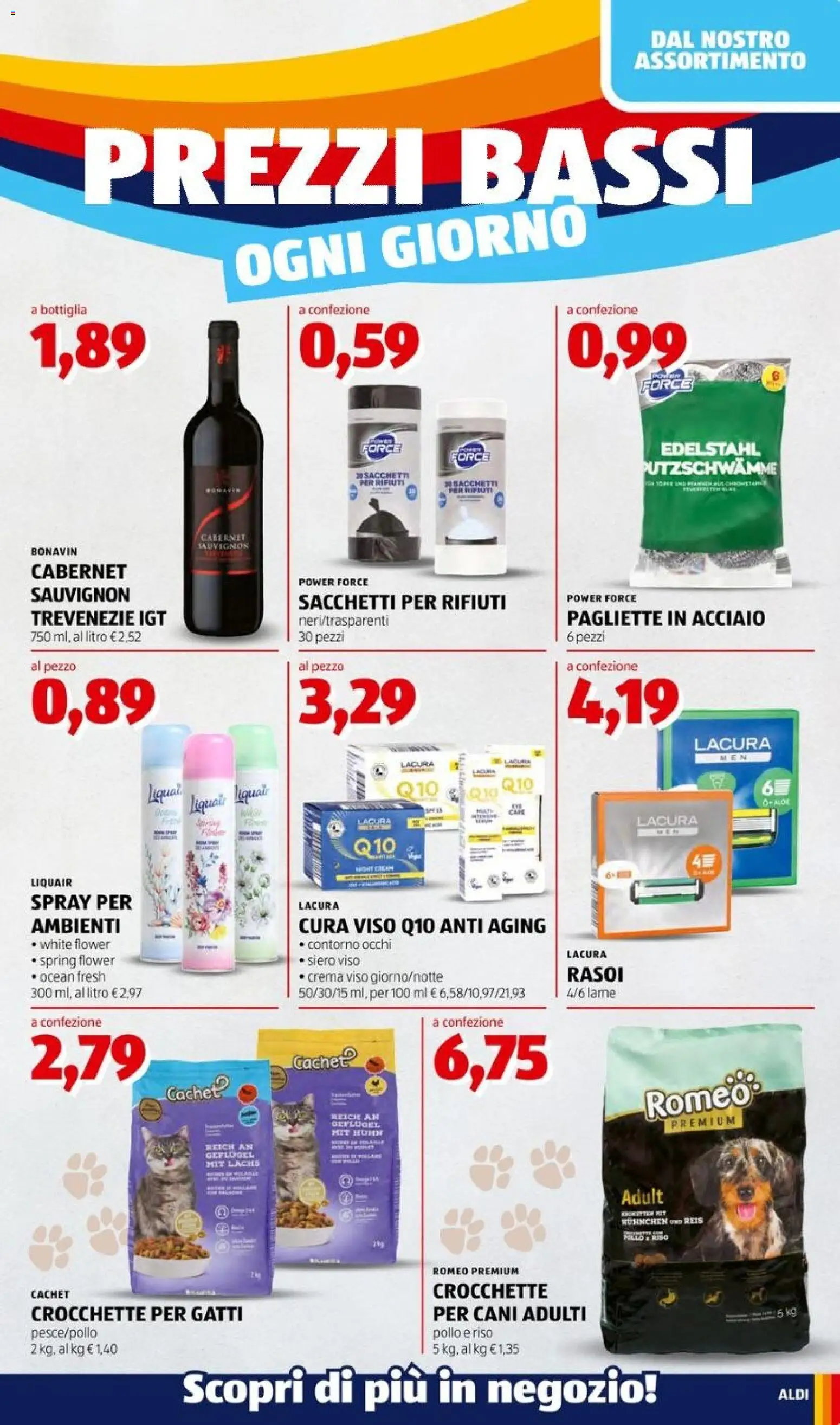 Volantino Aldi del 17/08/2026 | Pagina: 9 | Prodotti: Crema, Crocchette per gatti, Pollo, Bottiglia
