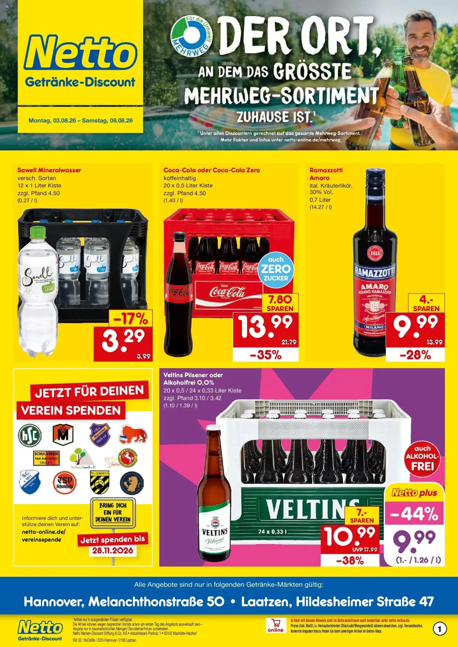 Netto Marken-Discount Prospekt Laatzen – gültig ab 03.08.2026 | Seite: 1 | Produkte: Coca cola, Cola, Mineralwasser, Zucker