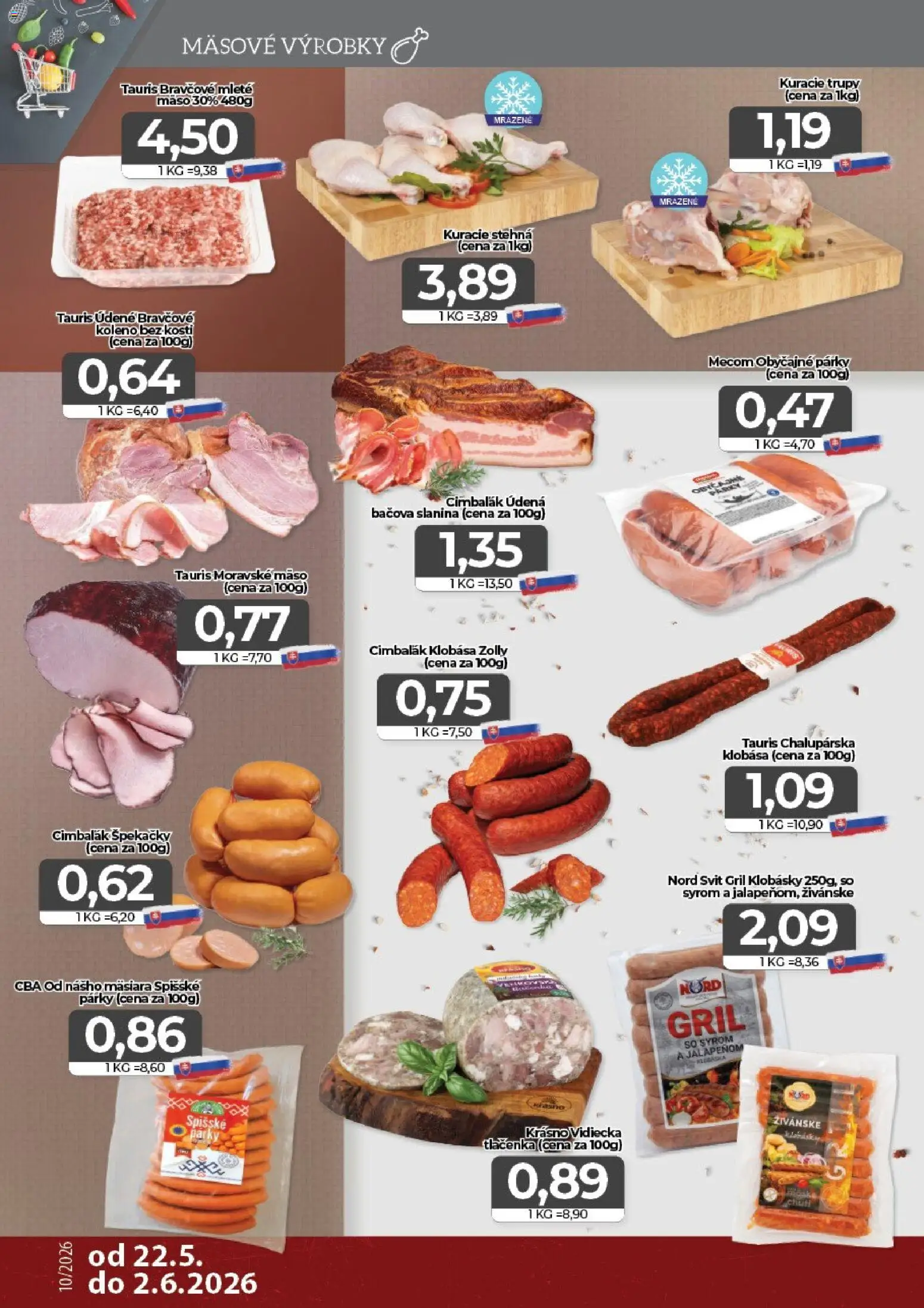 Nové CBA Komfos akcie – leták je platný od 22.05.2026 | Strana: 2 | Produkty: Gril, Slanina, Kuracie stehná