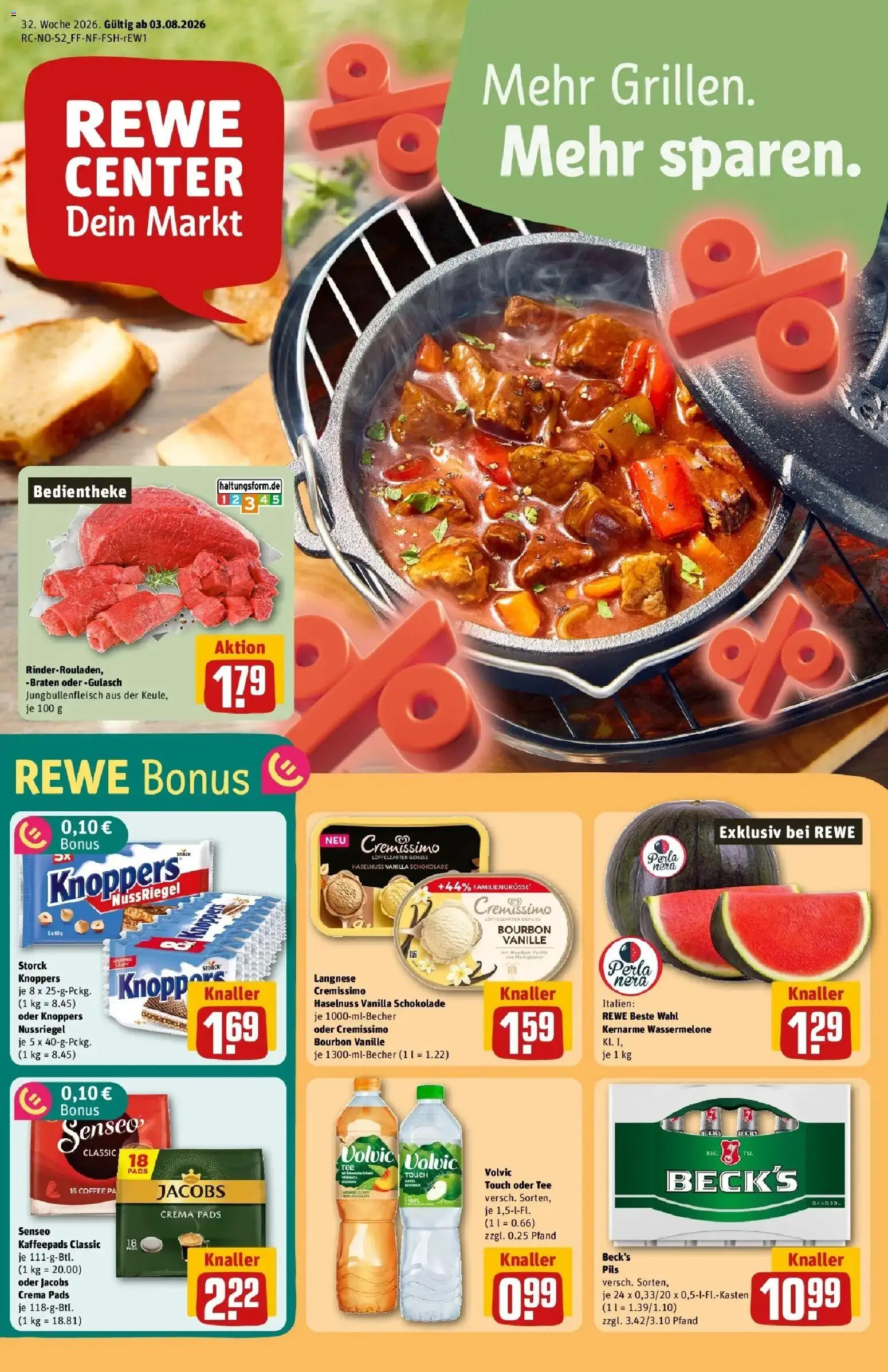 REWE Prospekt ab 03.08.2026 zum Blättern » Angebote | Seite: 1 | Produkte: Kaffeepads, Vanille, Wassermelone, Bourbon