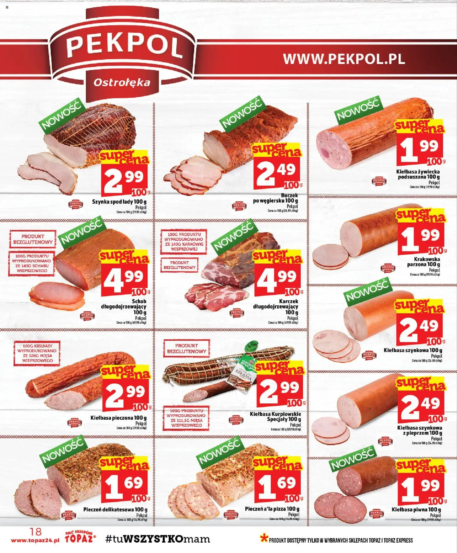 Topaz gazetka - MAZ od 29.10.2026 | Strona: 18 | Produkty: Kiełbasa, Szynka, Boczek, Pizza