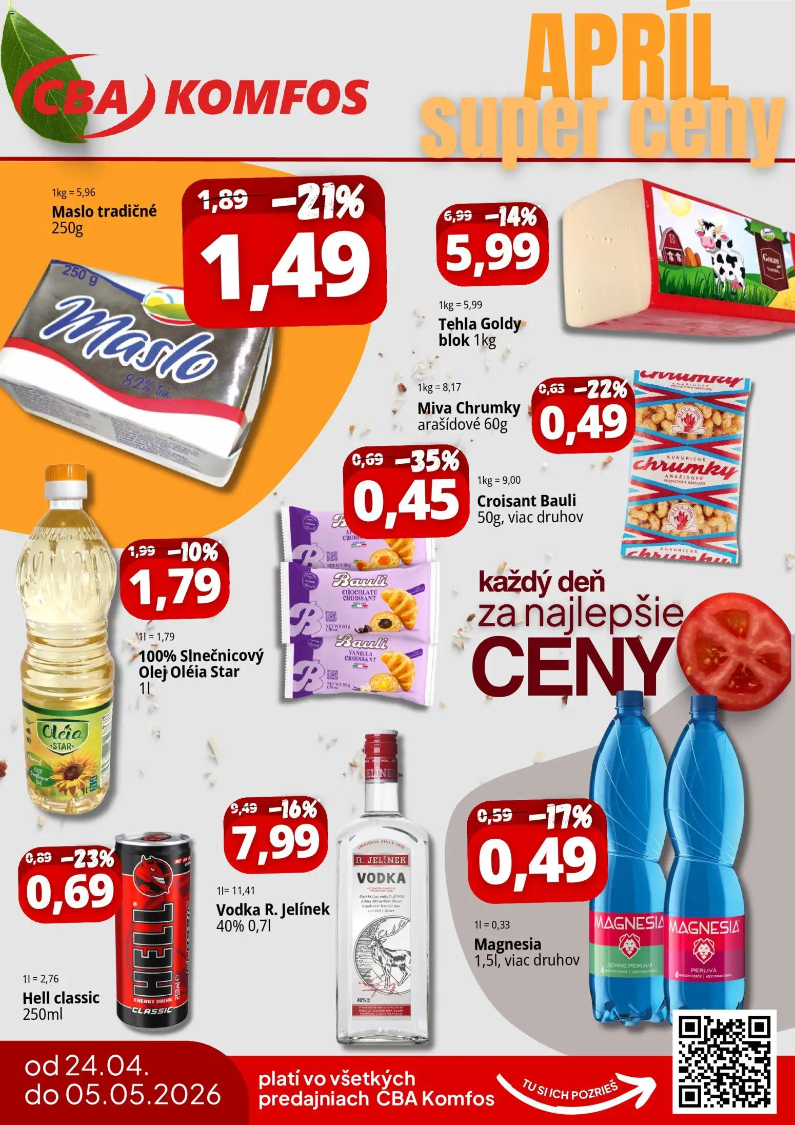 Nové CBA Komfos akcie – leták je platný od 24.04.2026 | Strana: 1 | Produkty: Olej, Croissant, Magnesia, Vodka