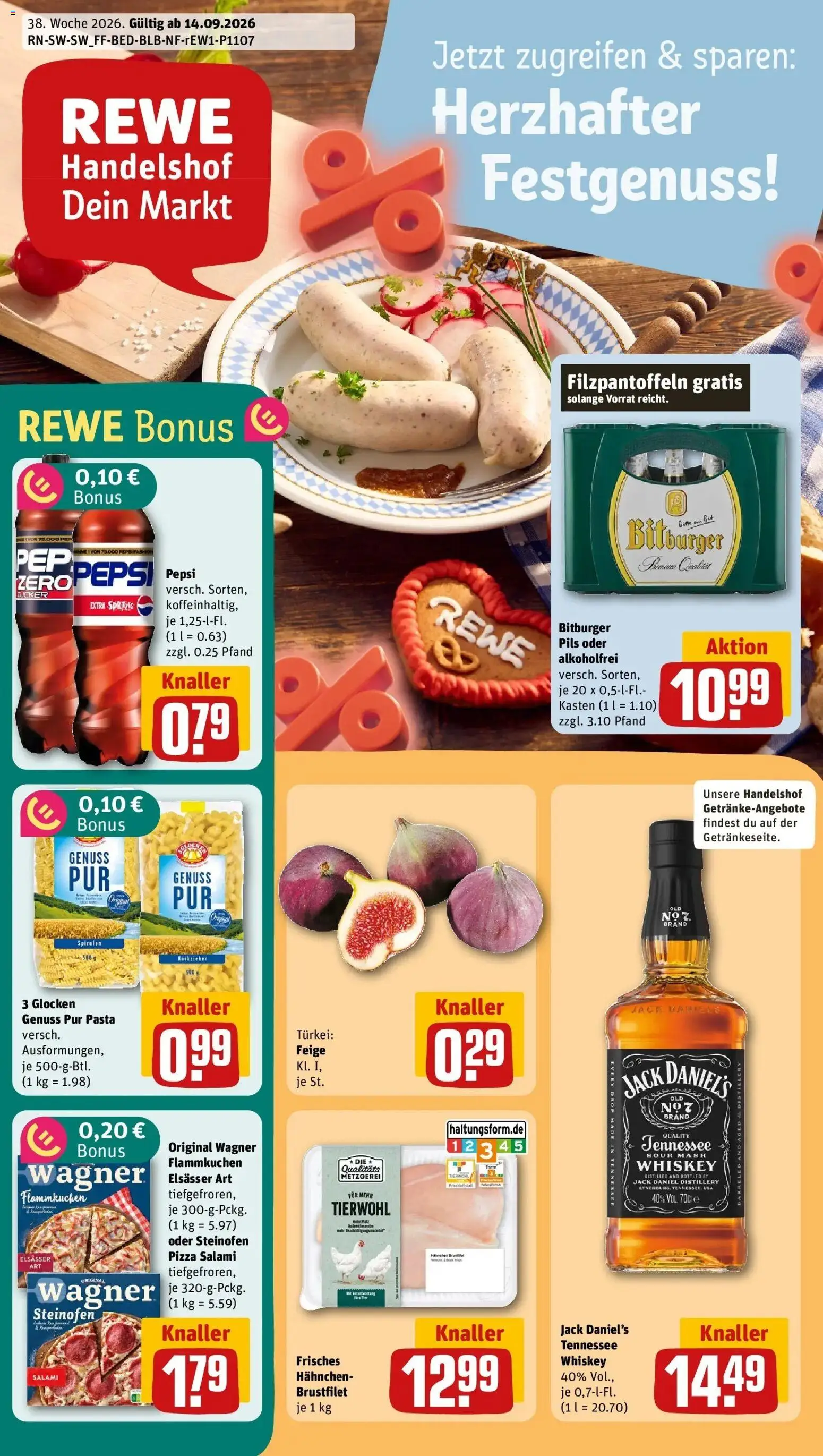 REWE Prospekt ab 14.09.2026 zum Blättern » Angebote | Seite: 1 | Produkte: Pils, Jack Daniel's, Zucker, Pasta