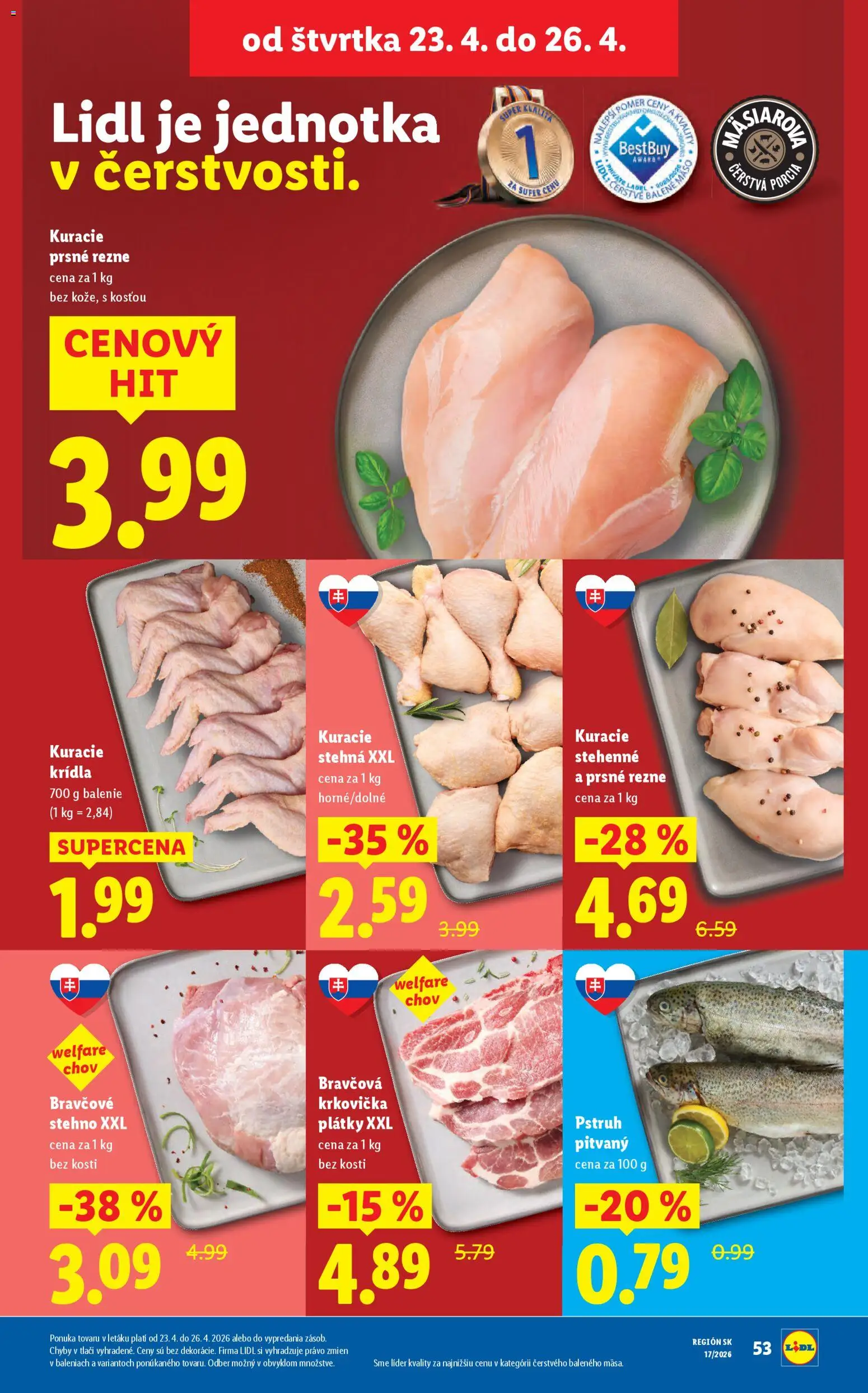 Nové Lidl akcie – leták je platný od 20.04.2026 | Strana: 59 | Produkty: Pstruh, Bravčové stehno, Kuracie stehná, Krkovička