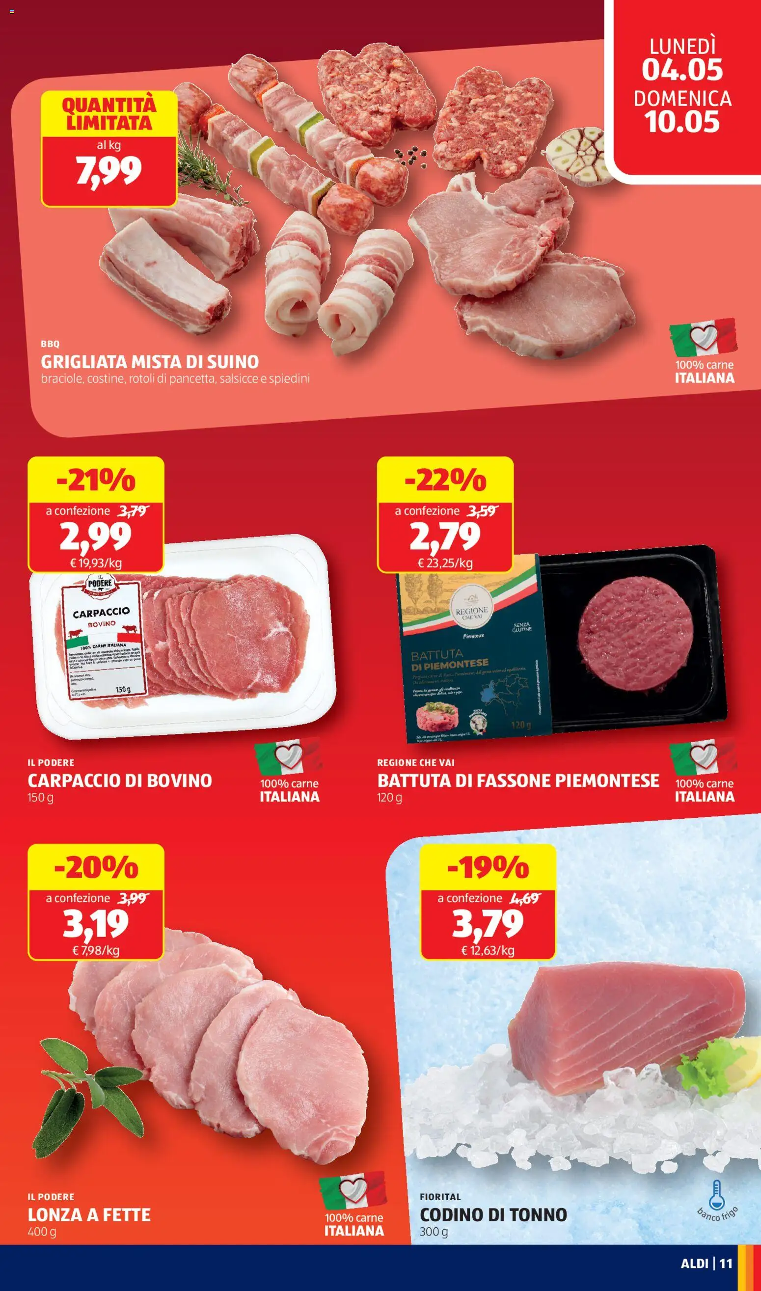 Volantino Aldi del 04.05.2026 | Pagina: 11 | Prodotti: Bovino, Suino, Tonno, Spiedini