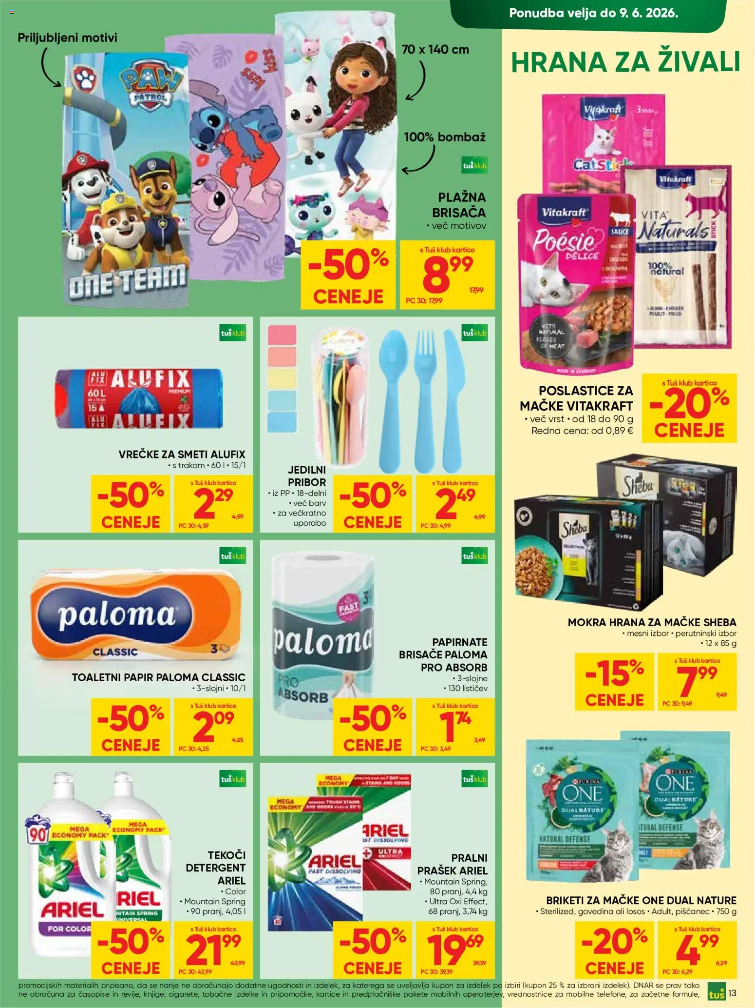 Novi Tuš katalog ponudbe – veljaven od 27.05.2026 | Stran: 13 | Izdelki: Pribor, Prašek, Toaletni papir, Losos