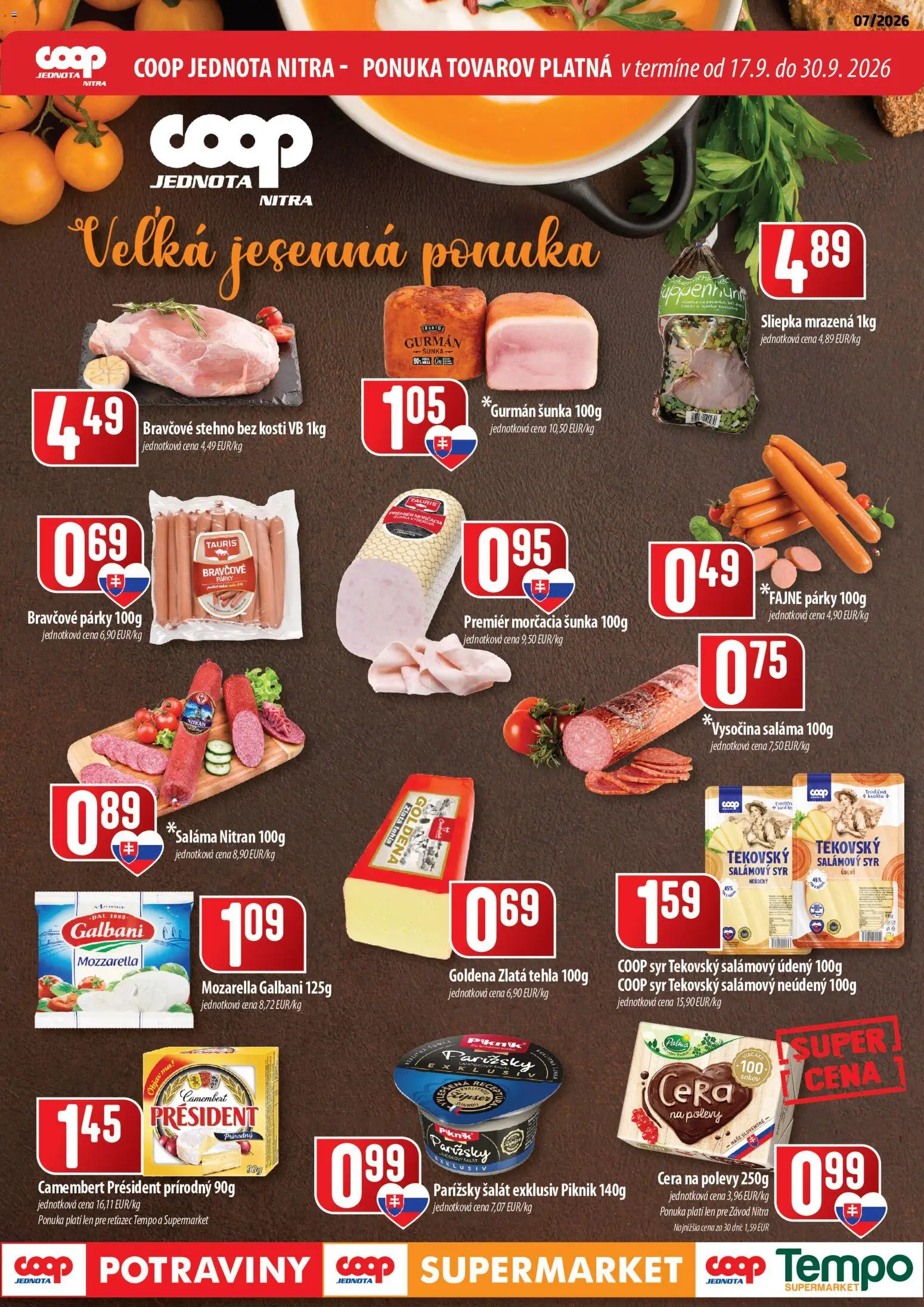 Nové COOP Jednota akcie – leták je platný od 17.09.2026 | Strana: 1 | Produkty: Mozzarella, Sliepka mrazená, Párky, Camembert