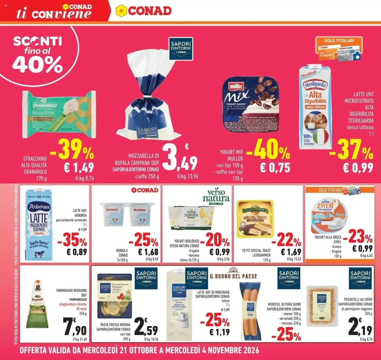 Volantino Conad del 21/10/2026 | Pagina: 12 | Prodotti: Cioccolato, Fiocchi, Yogurt bianco, Robiola