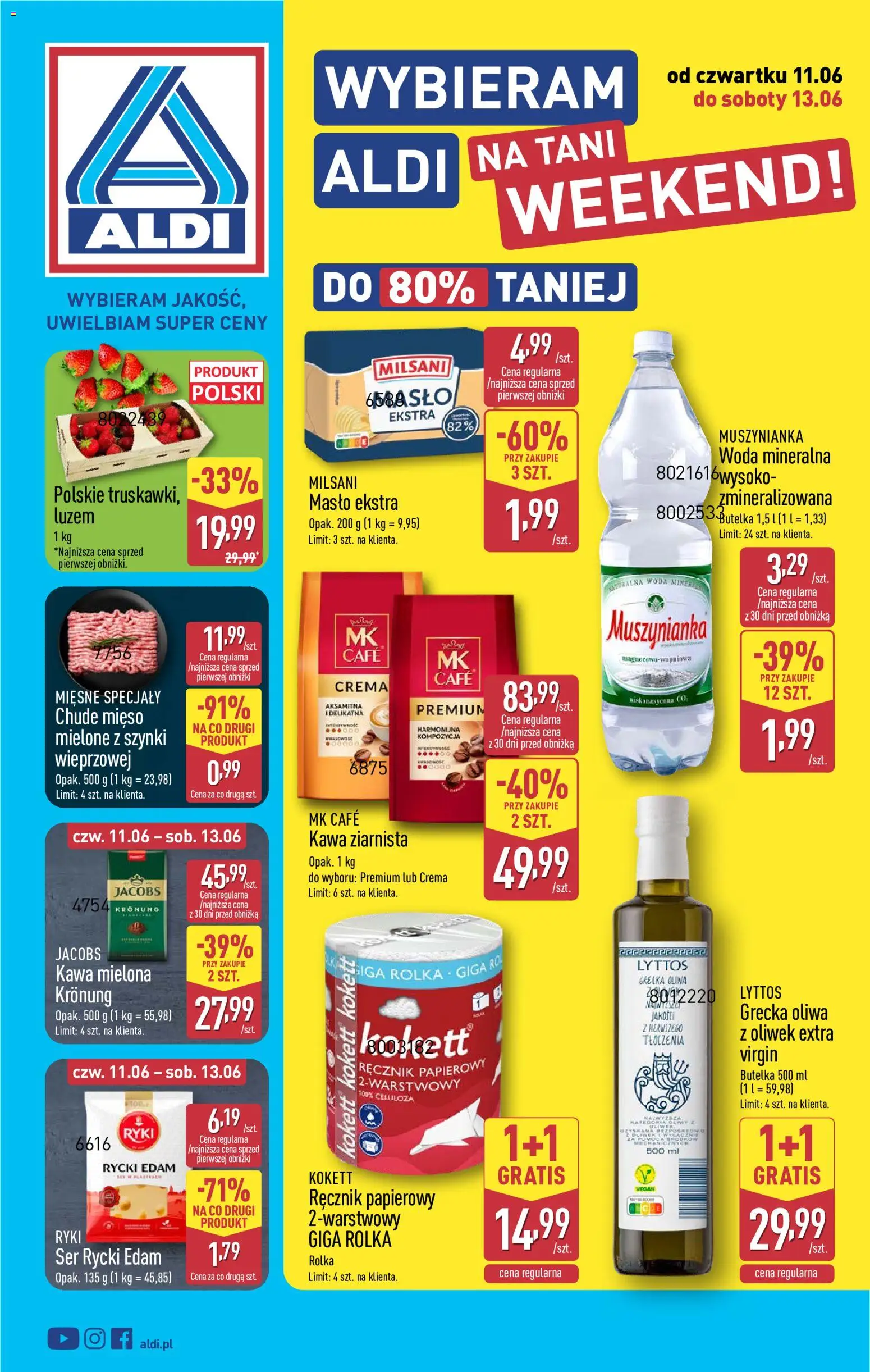 Aldi gazetka - Oferta weekendowa od 11.06.2026 | Strona: 1 | Produkty: Muszynianka, Masło, Ser, Woda