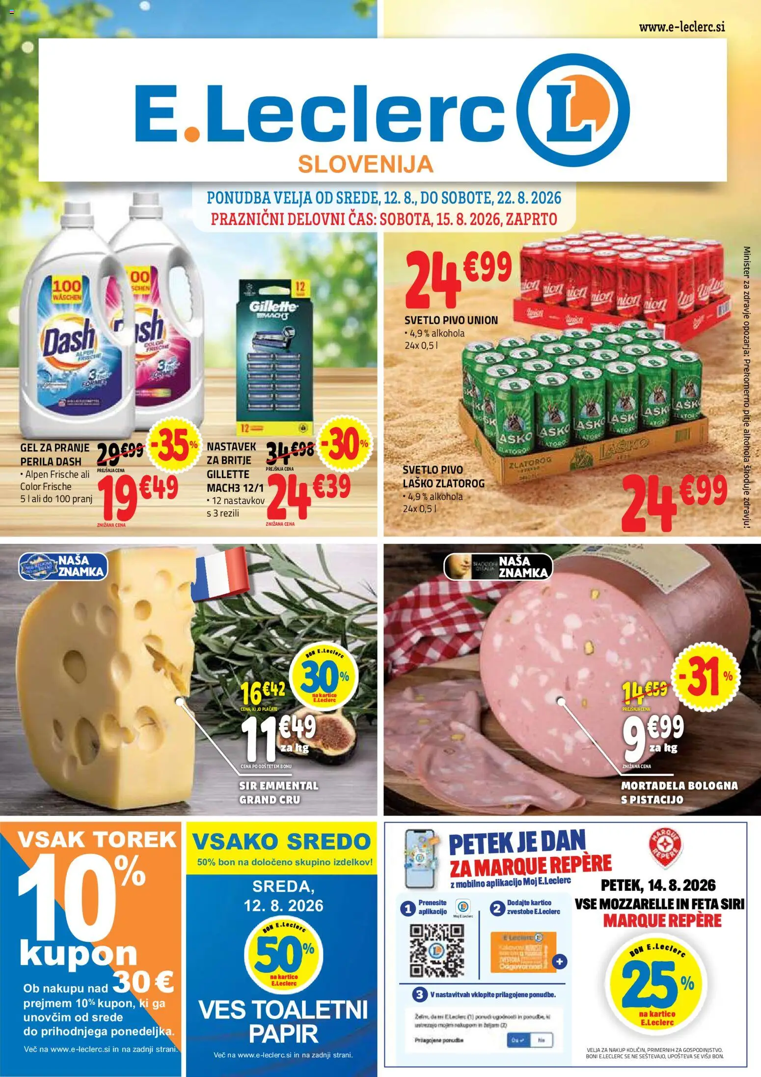 Novi E.leclerc katalog ponudbe – veljaven od 12.08.2026 | Stran: 1 | Izdelki: Mortadela, Sir, Pivo