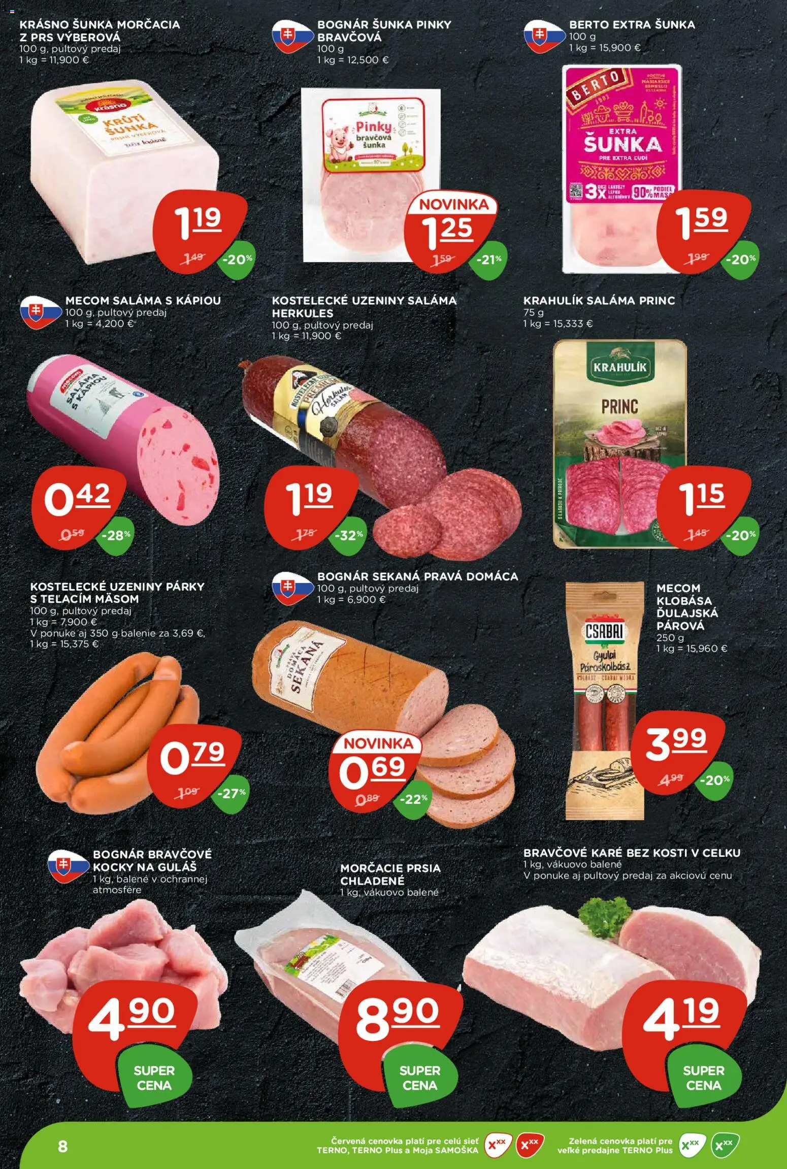 Nové Terno akcie – leták je platný od 18.06.2026 | Strana: 8 | Produkty: Saláma, Šunka, Klobása, Bravčové karé