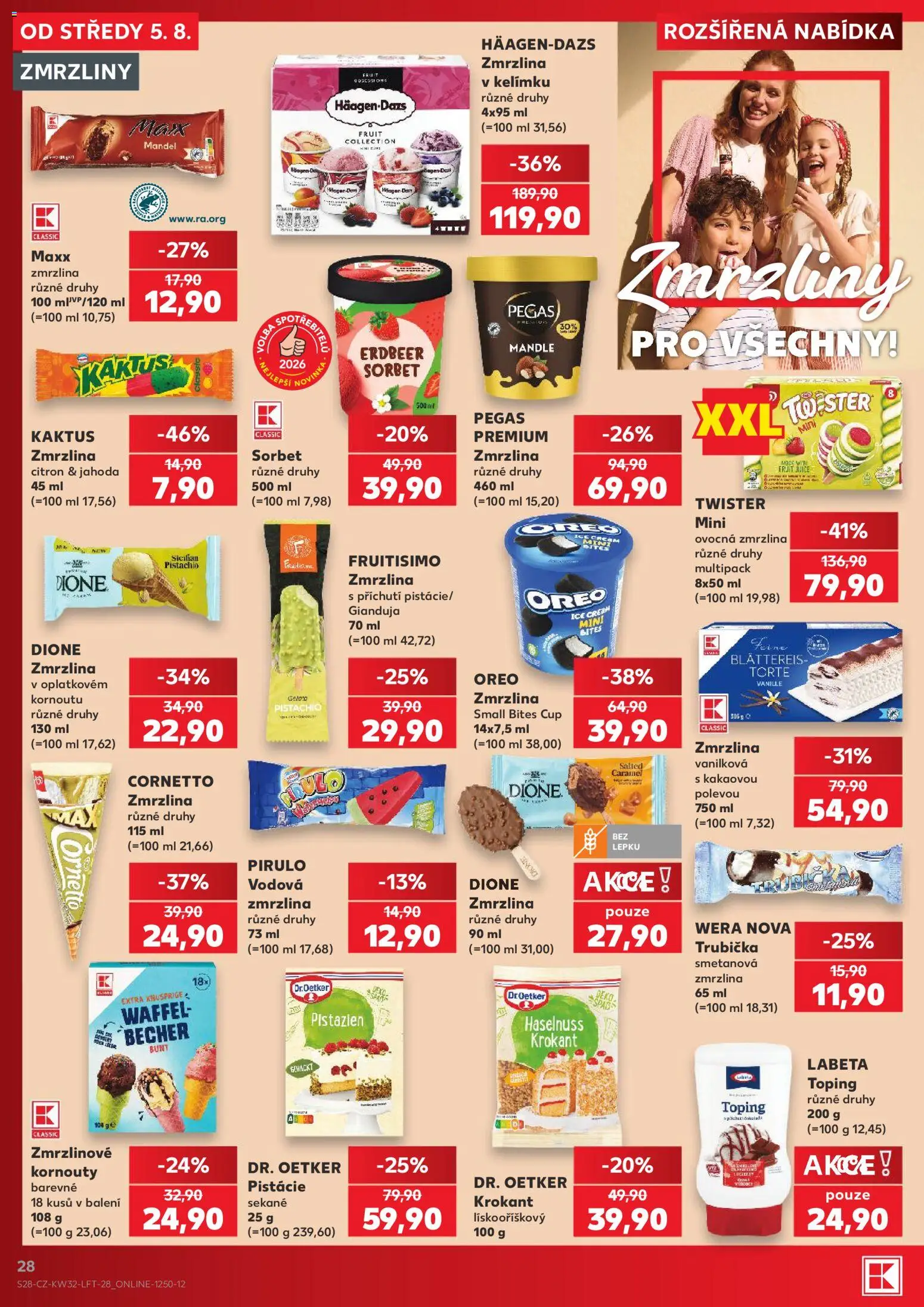 Kaufland leták - Praha 8 od 05.08.2026 | Strana: 28 | Produkty: Oreo zmrzlina, Zmrzlinové kornouty, Mandle, Sorbet
