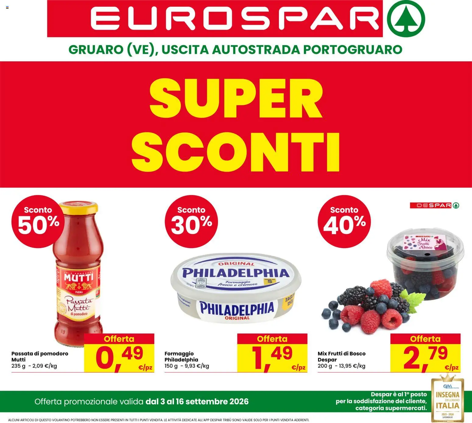 Volantino Eurospar del 03/09/2026 | Pagina: 1 | Prodotti: Frutti di bosco, Pomodoro, Formaggio, Passata di pomodoro