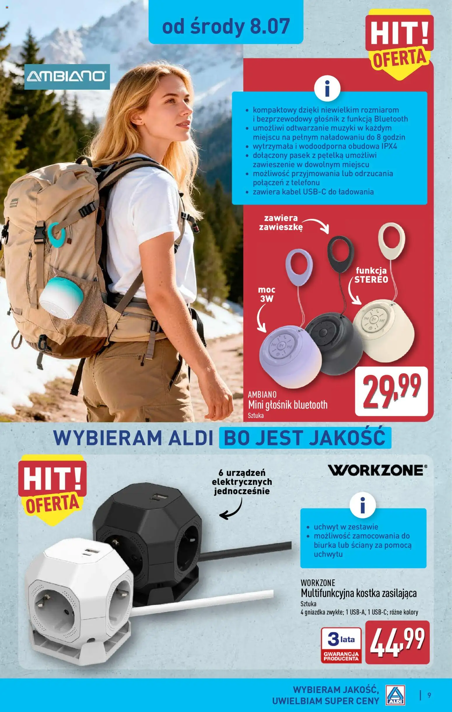 Aldi gazetka - Hity od Środy i od Soboty od 08.07.2026 | Strona: 9 | Produkty: Pasek, Kabel, Głośnik, Głośnik bluetooth