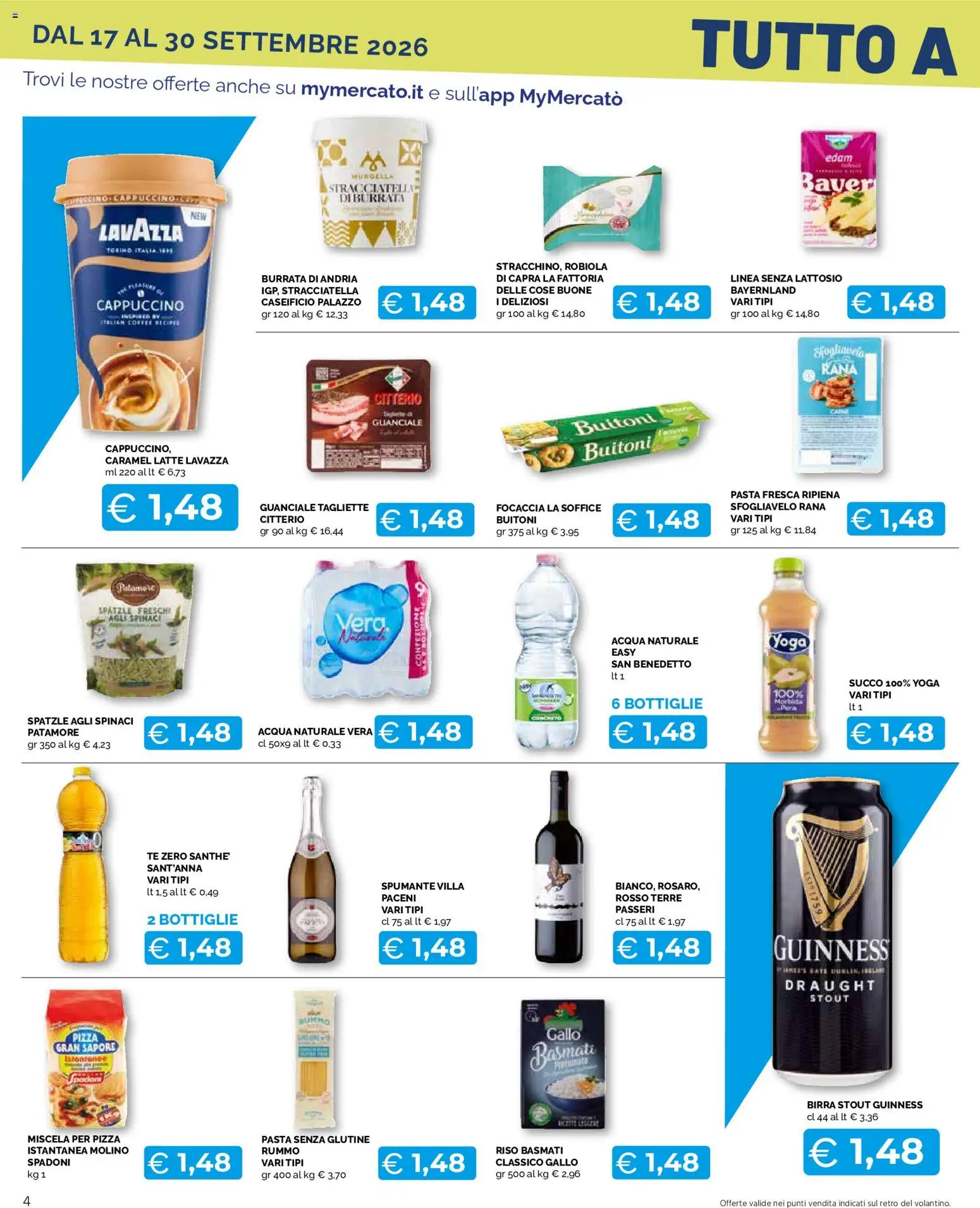Volantino Mercatò del 17/09/2026 | Pagina: 4 | Prodotti: Riso Basmati, Focaccia, Acqua naturale, Robiola