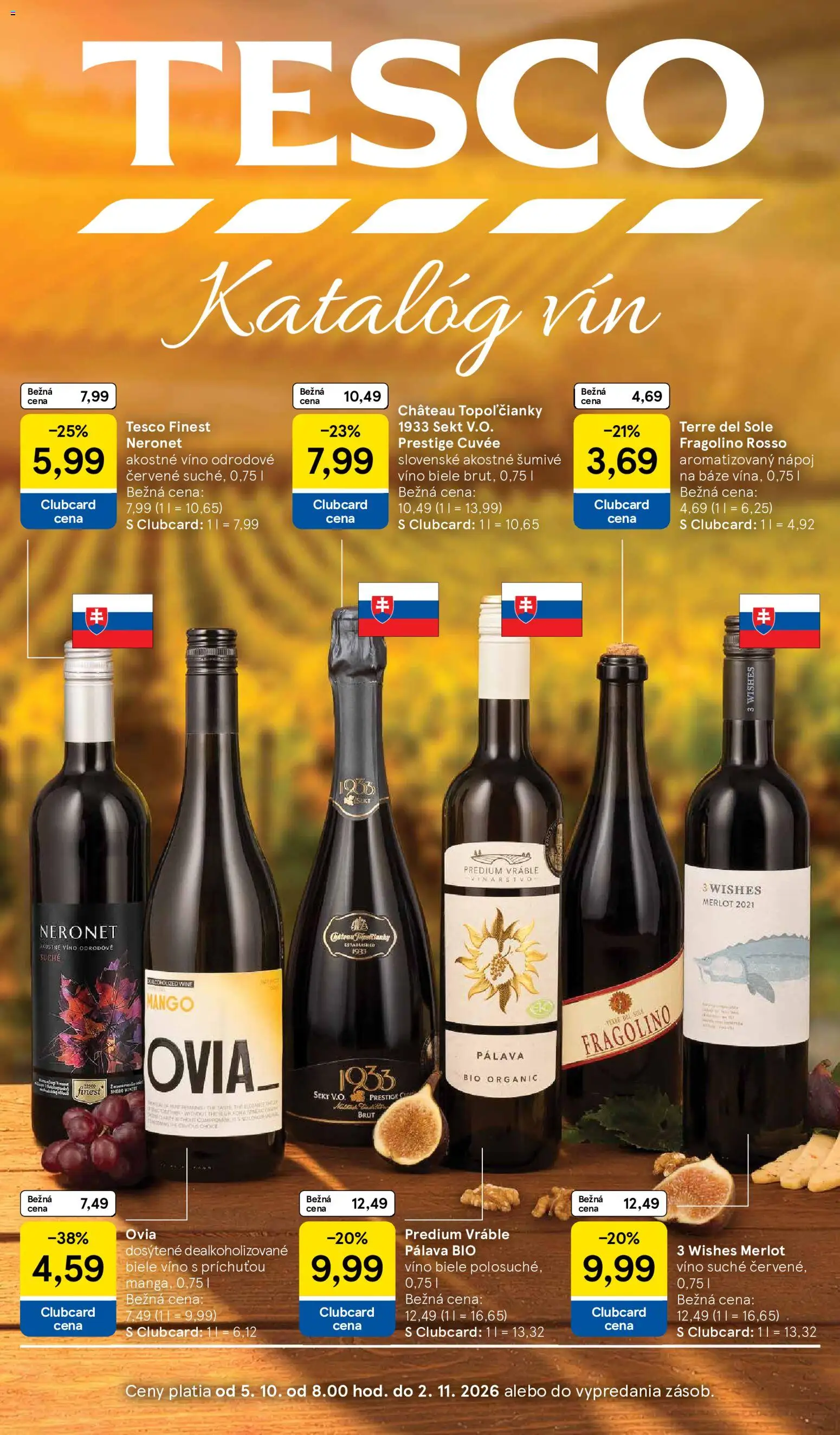 Nové Tesco akcie – leták je platný od 05.10.2026 | Strana: 1 | Produkty: Biele víno, Víno, Mango, Šumivé víno