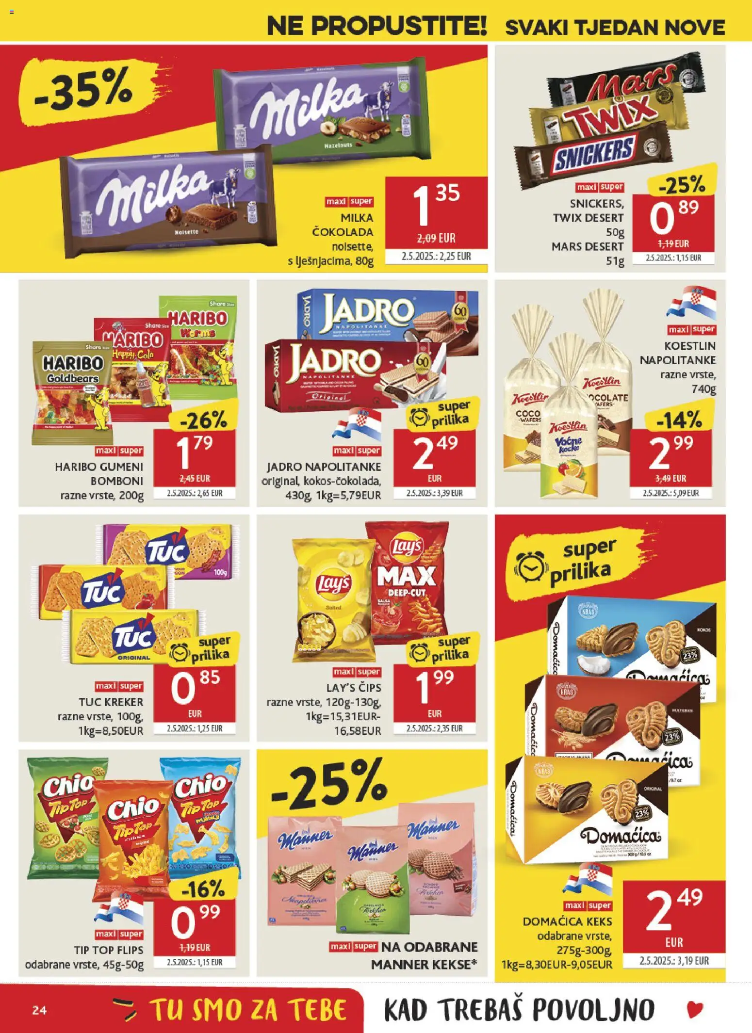 Konzum HR akciós ujság - amely érvényes a következő dátumtól: 2026.08.19. | Oldal: 24 | Termékek: Haribo, Milka, Cola, TUC
