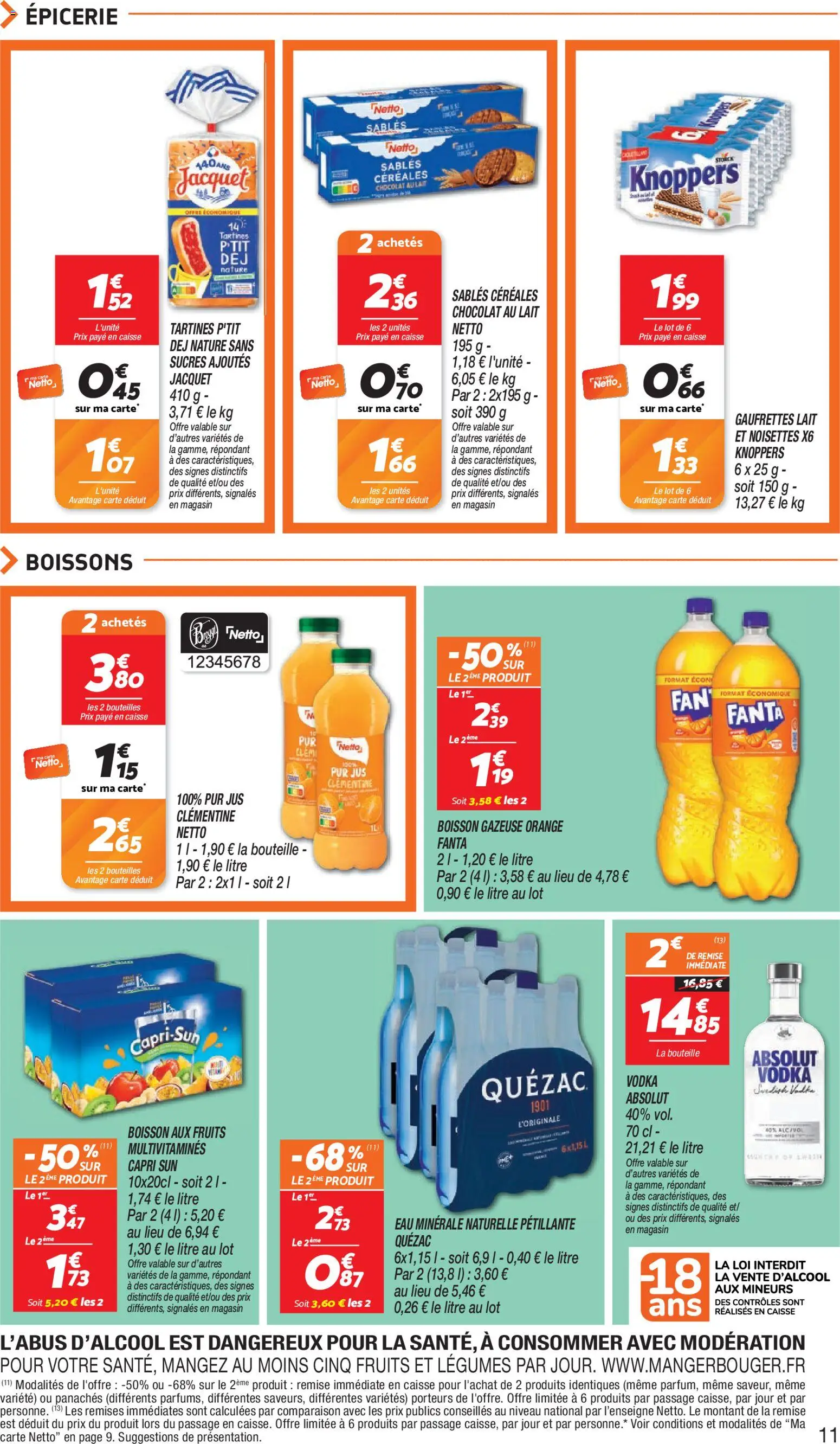{H1} | Page: 11 | Produits: Multivitamines, Tartines, Eau minérale naturelle, Bouteille