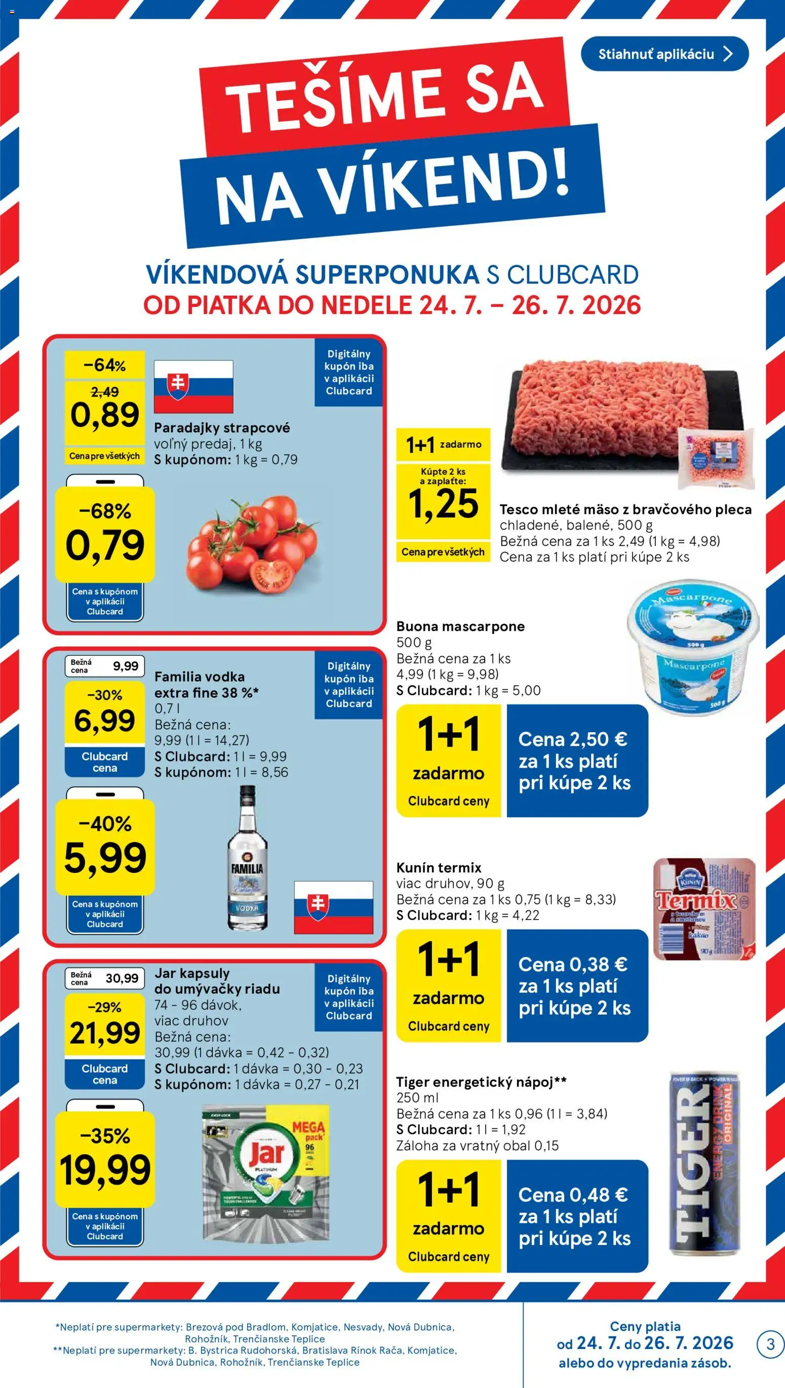 Nové Tesco akcie – leták je platný od 22.07.2026 | Strana: 3 | Produkty: Paradajky, Vodka, Mascarpone, Kakao