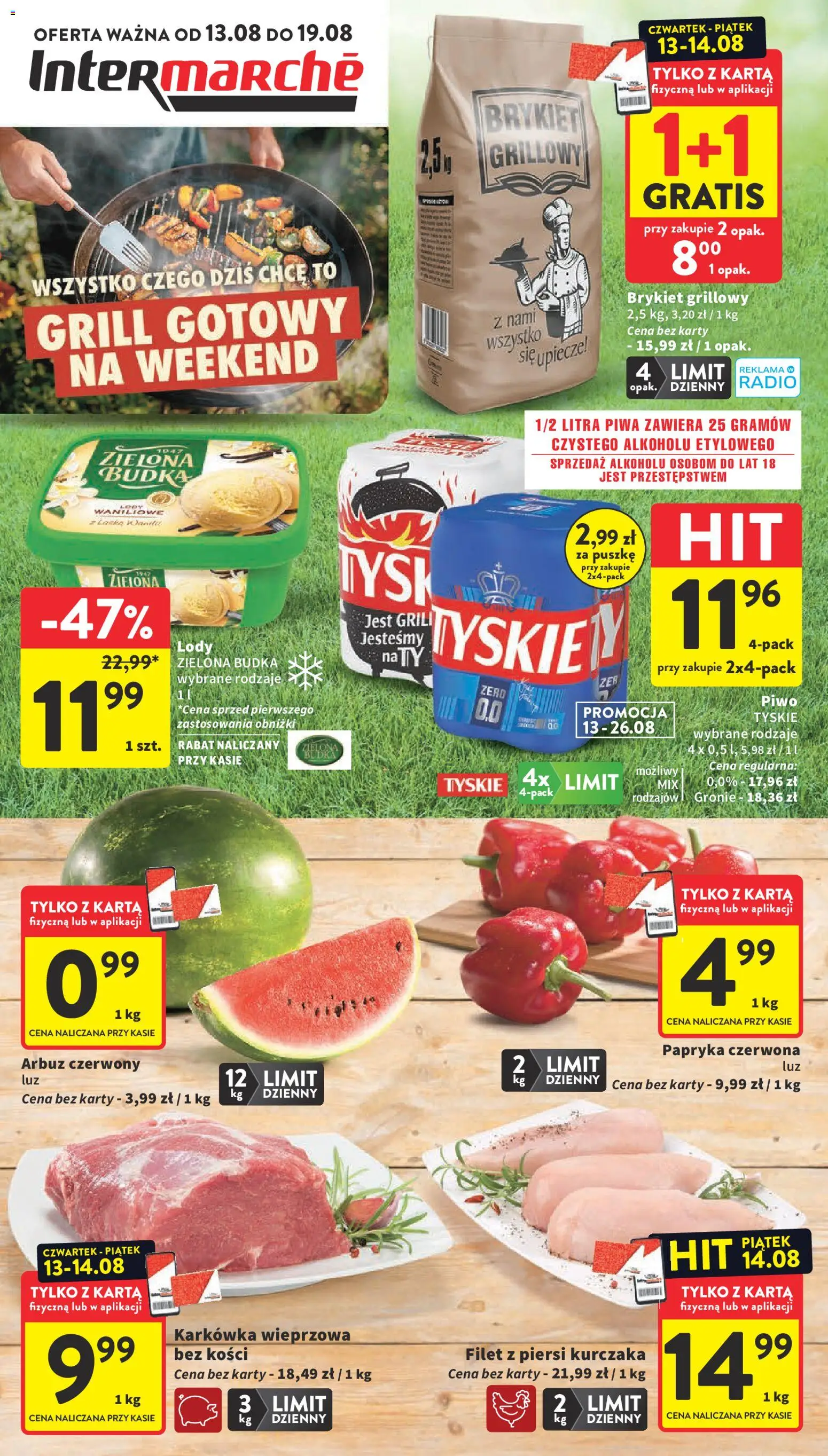 Intermarche gazetka od 13.08.2026 | Strona: 1 | Produkty: Arbuz, Radio, Papryka czerwona, Piwo