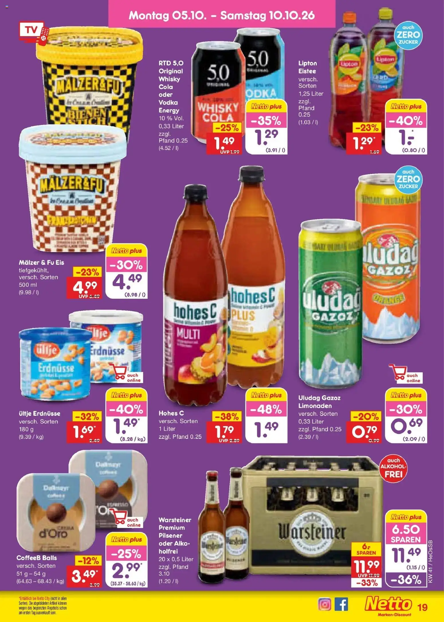 Netto Marken-Discount Prospekt Rostock – gültig ab 05.10.2026 | Seite: 19 | Produkte: Erdnüsse, Alkohol, Zucker, Hohes c