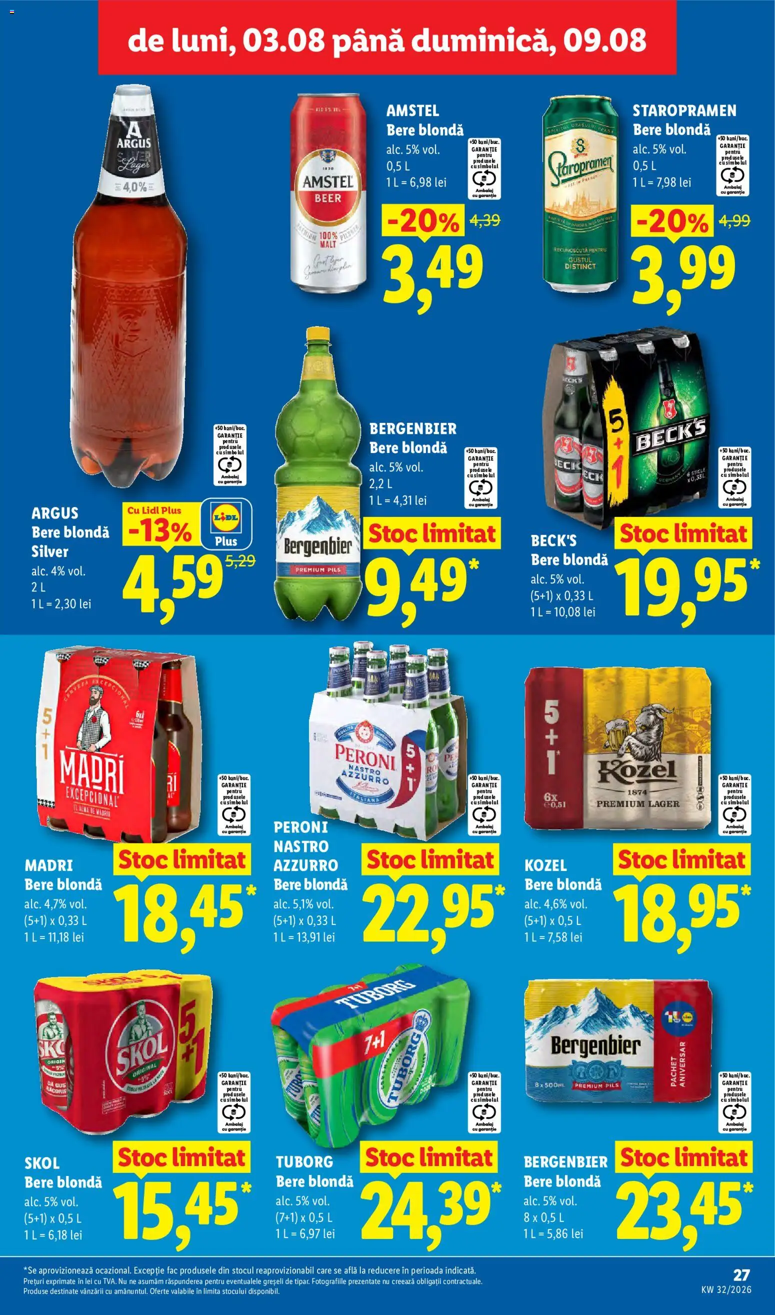 Noul catalog Lidl – valabil de la 03.08.2026 | Pagină: 27 | Produse: Staropramen, Bere, Bergenbier, Argus