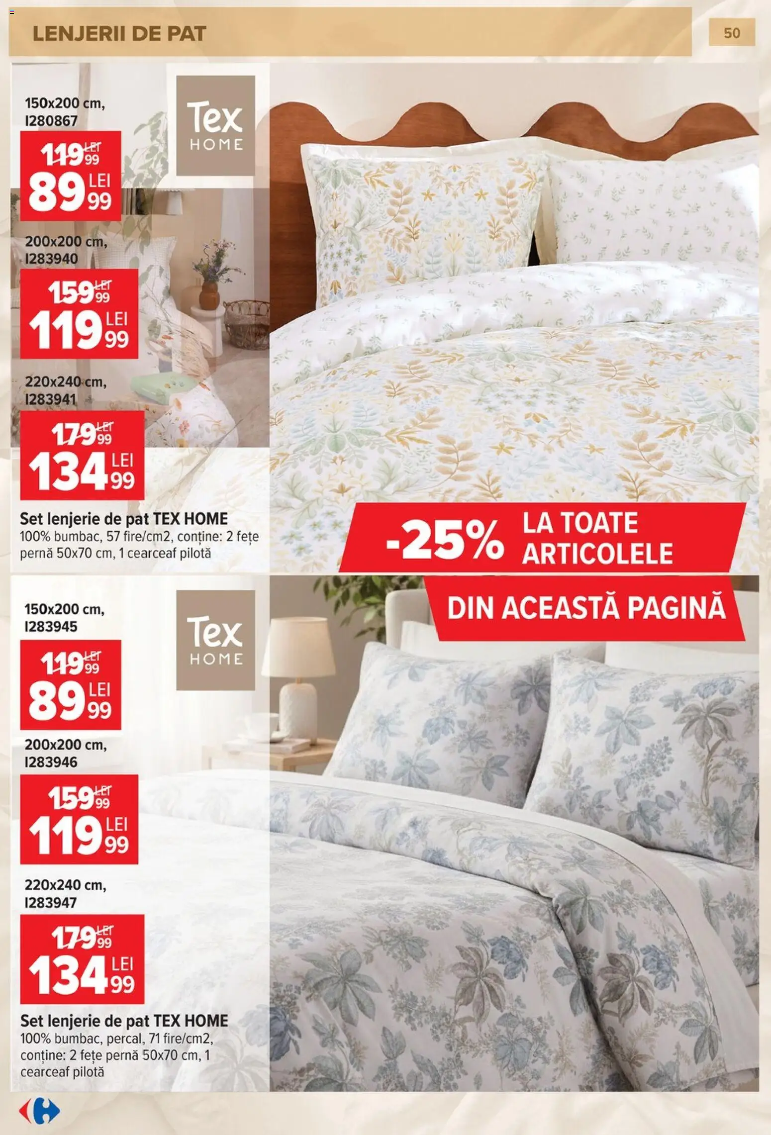 Noul catalog Carrefour – valabil de la 23.09.2026 | Pagină: 50 | Produse: Pat, Lenjerie de pat, Pernă, Tex