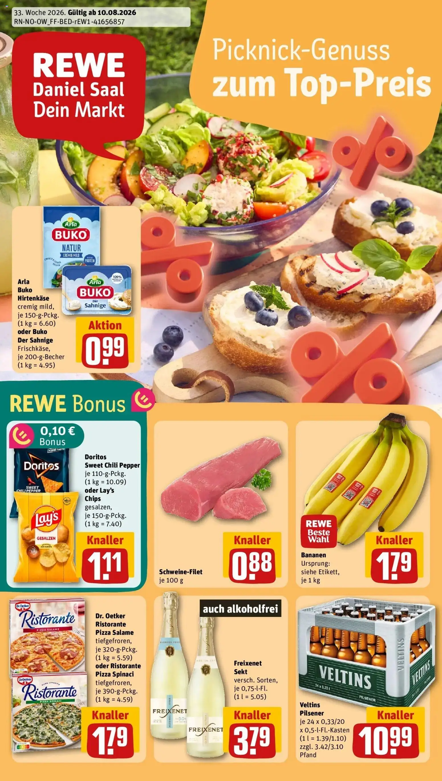 REWE Prospekt ab 10.08.2026 zum Blättern » Angebote | Seite: 1 | Produkte: Bananen, Arla buko, Chips, Veltins